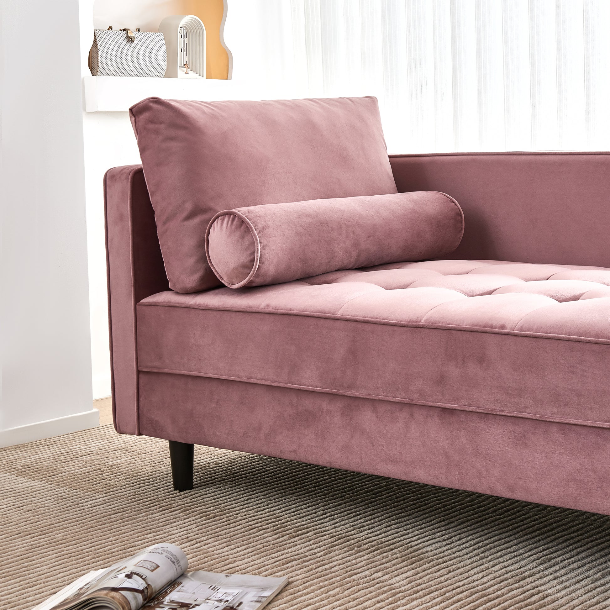 64" Velvet Chaise,Mid Century Modern Chaise Furniture,Sleeper For Living Room,Apartment,Tool Free Assembly. Pink Pink Foam Velvet