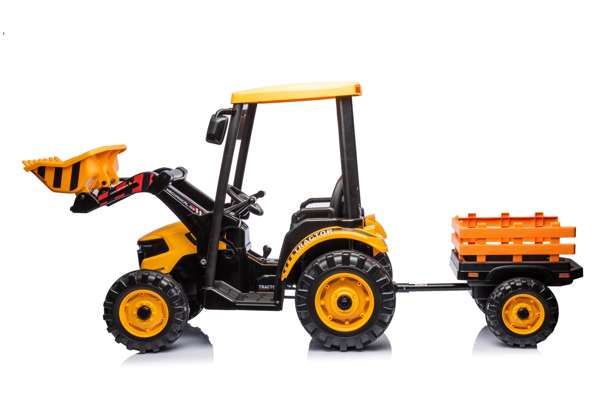 Pedal Tractors With Working Loader And Backhoe Digger, Kids' Ride On Car Toys 24V Battery Powered Electric Vehicles With Trailer, Digger For Toddlers Yellow Yellow Plastic