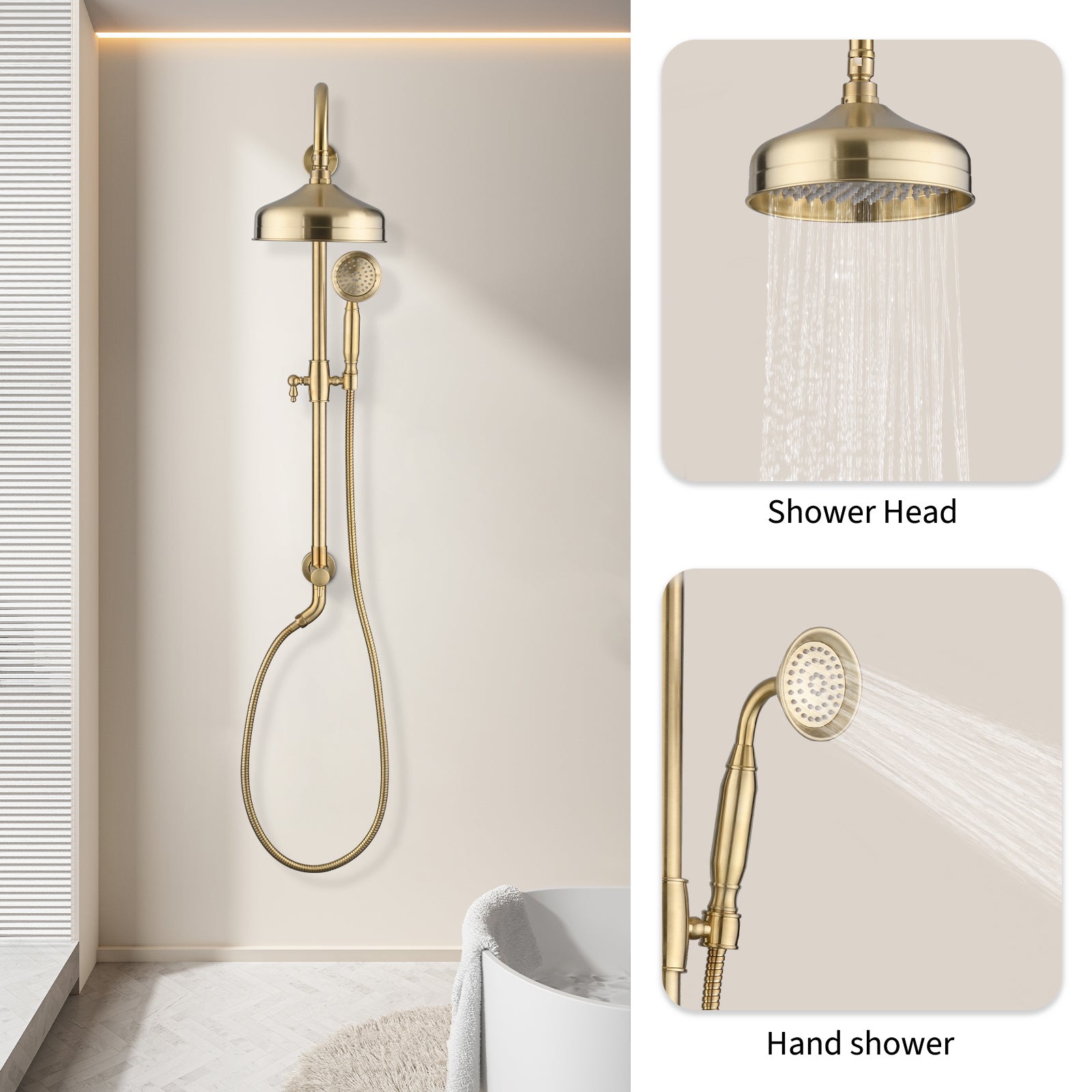 Shower Head With Handheld Shower System With 8" Rainfall Shower Head, Dual Shower Combo Brushed Gold Brass