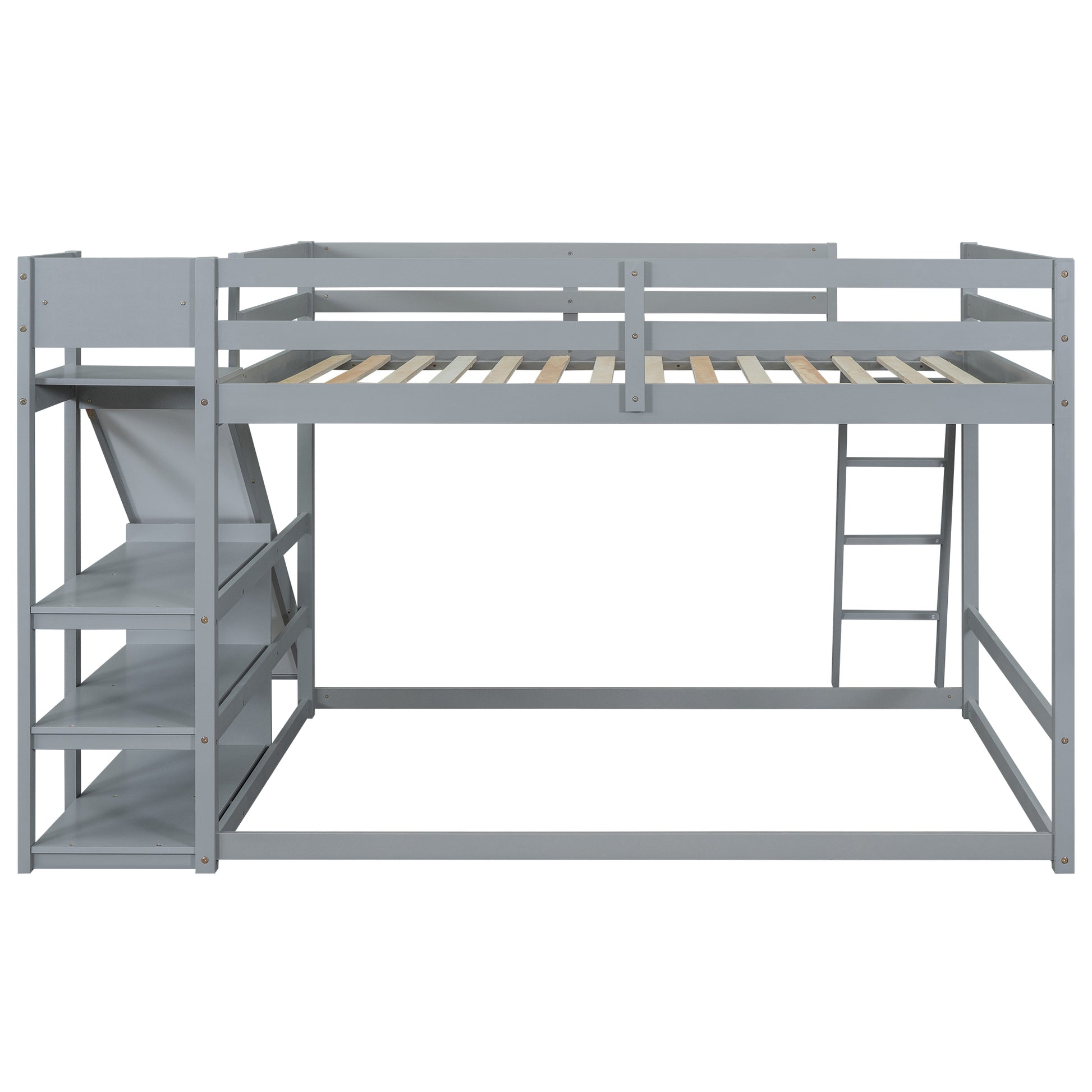 Full Over Full Bunk Bed With Ladder, Slide And Shelves, Gray Gray Pine