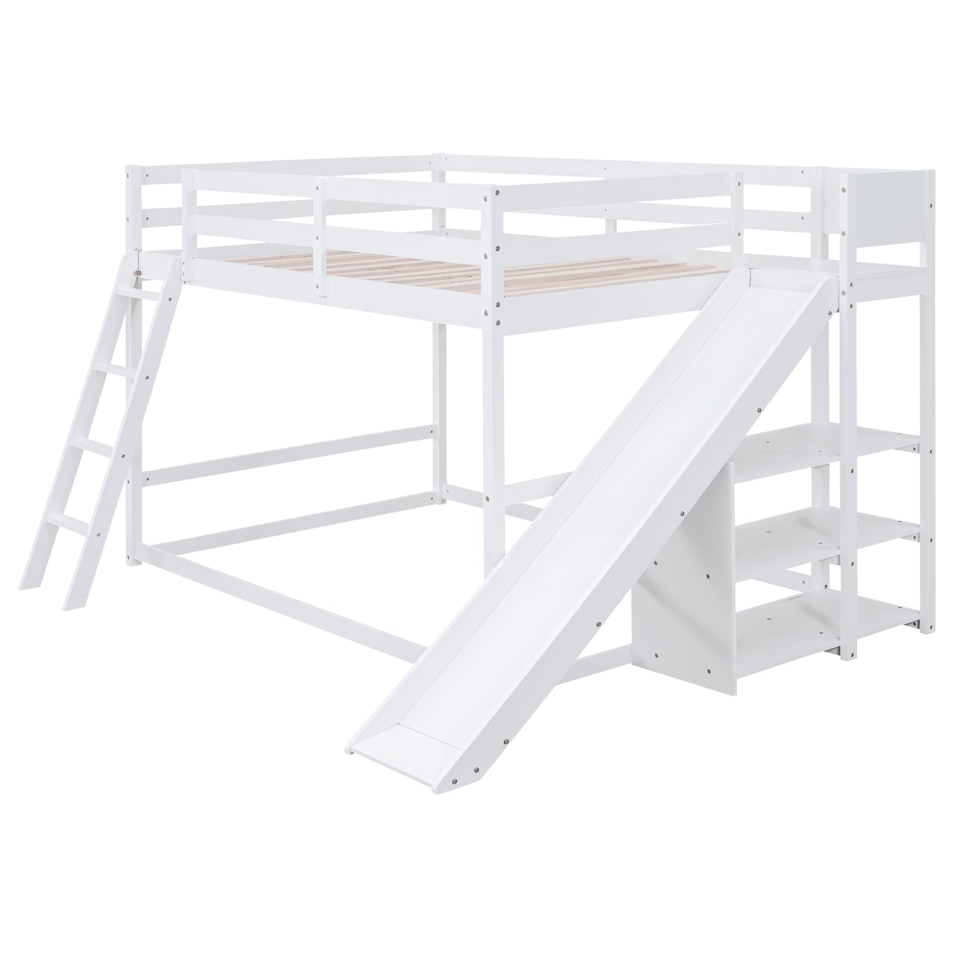 Full Over Full Bunk Bed With Ladder, Slide And Shelves, White White Pine