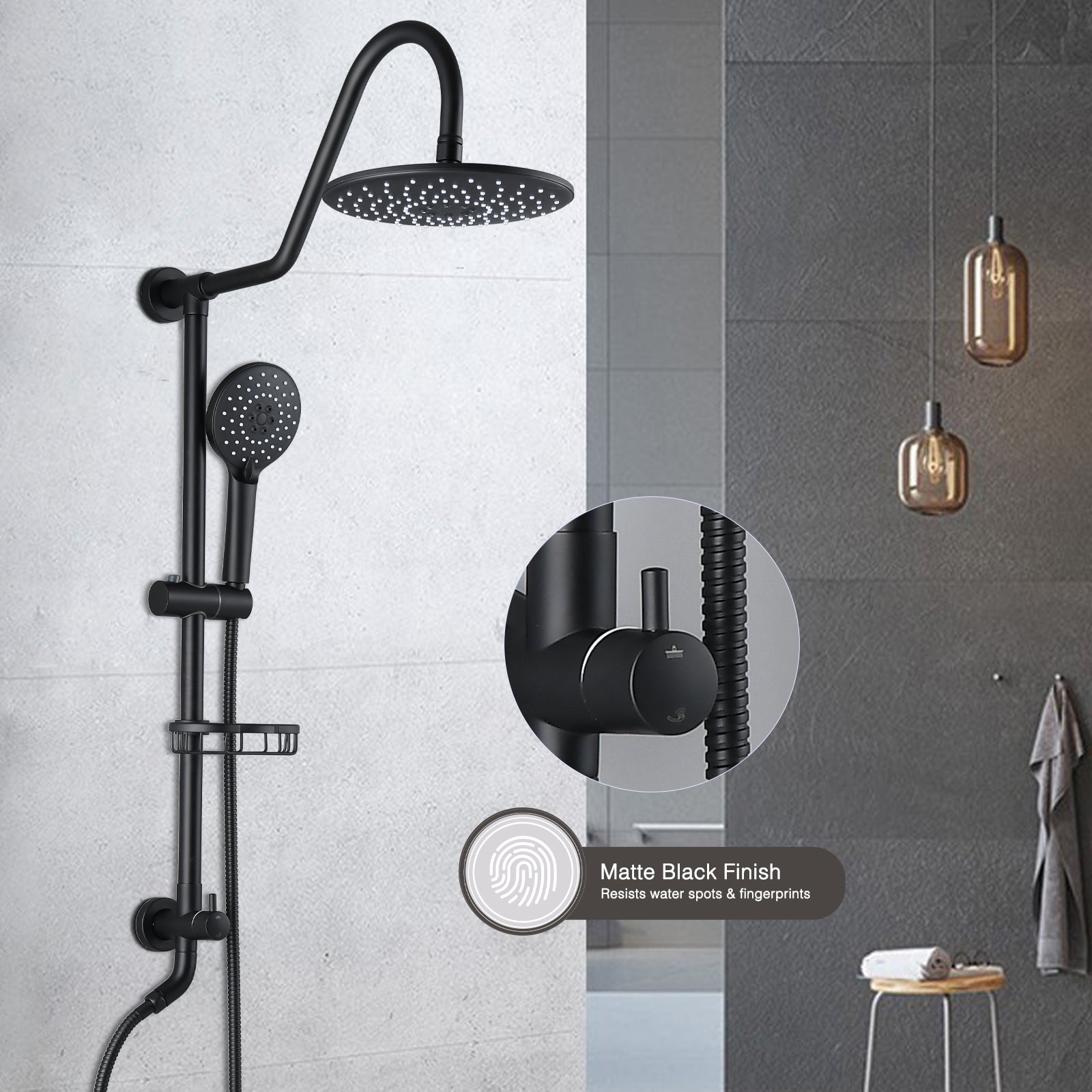 10" Rainfall Shower Head And Handheld Showerhead Combo Shower System With Slide Bar, Matte Black Matte Black Brass