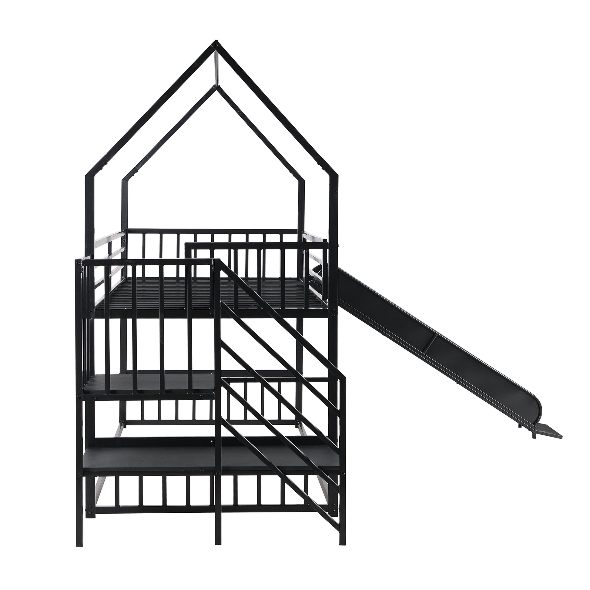 Twin Size Metal Bunk Bed House Bed With Slide And Staircase, Black Twin Black Metal & Wood