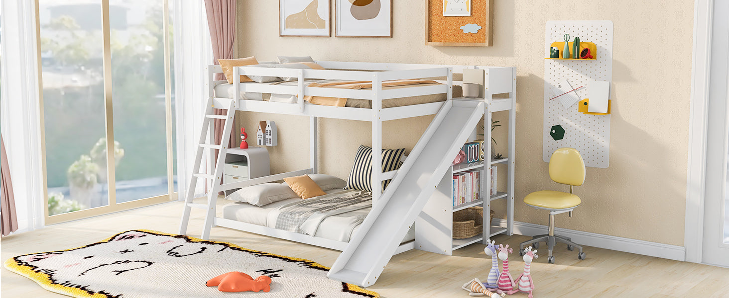 Full Over Full Bunk Bed With Ladder, Slide And Shelves, White White Pine