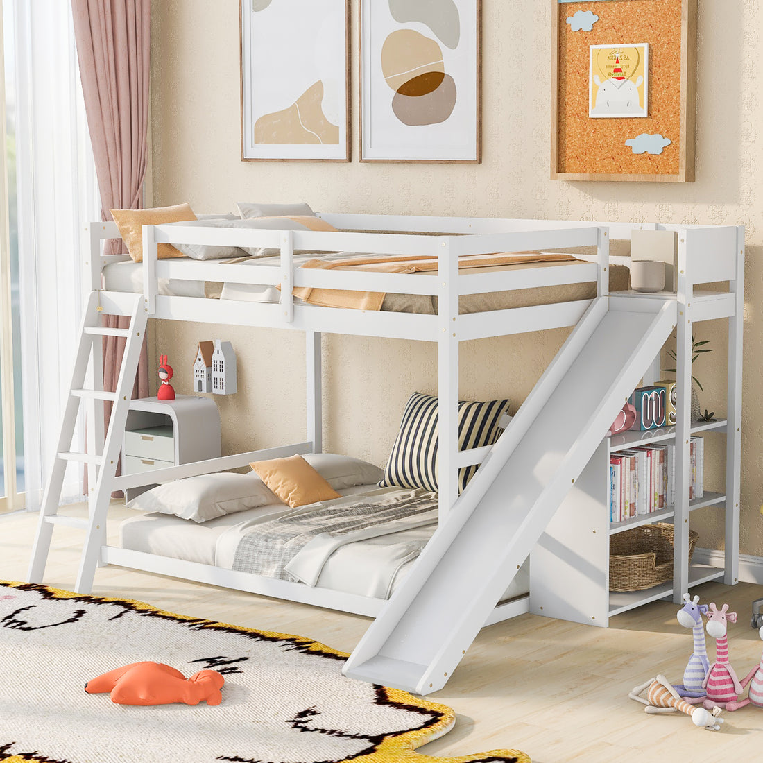 Full Over Full Bunk Bed With Ladder, Slide And Shelves, White White Pine