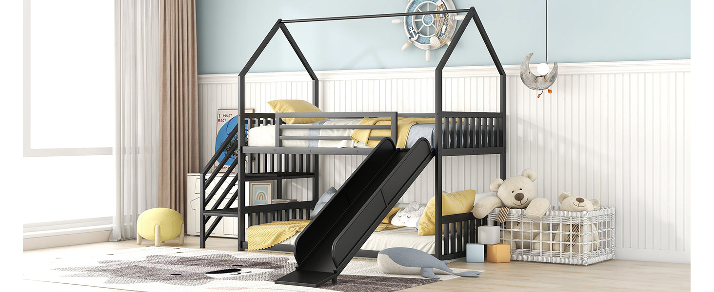 Twin Size Metal Bunk Bed House Bed With Slide And Staircase, Black Twin Black Metal & Wood