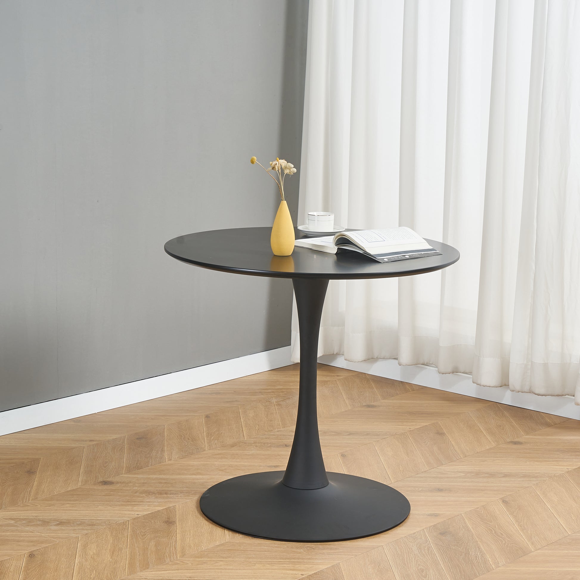Modern Grey Simple Pu Dining Chair Upholstered Chair Family Bedroom Stool Back Dressing, Black Round Table Set, Bentwood Covered With Ash Veneer Chair Back, Chair Black Metal Legs Set Of 3 Black Mdf