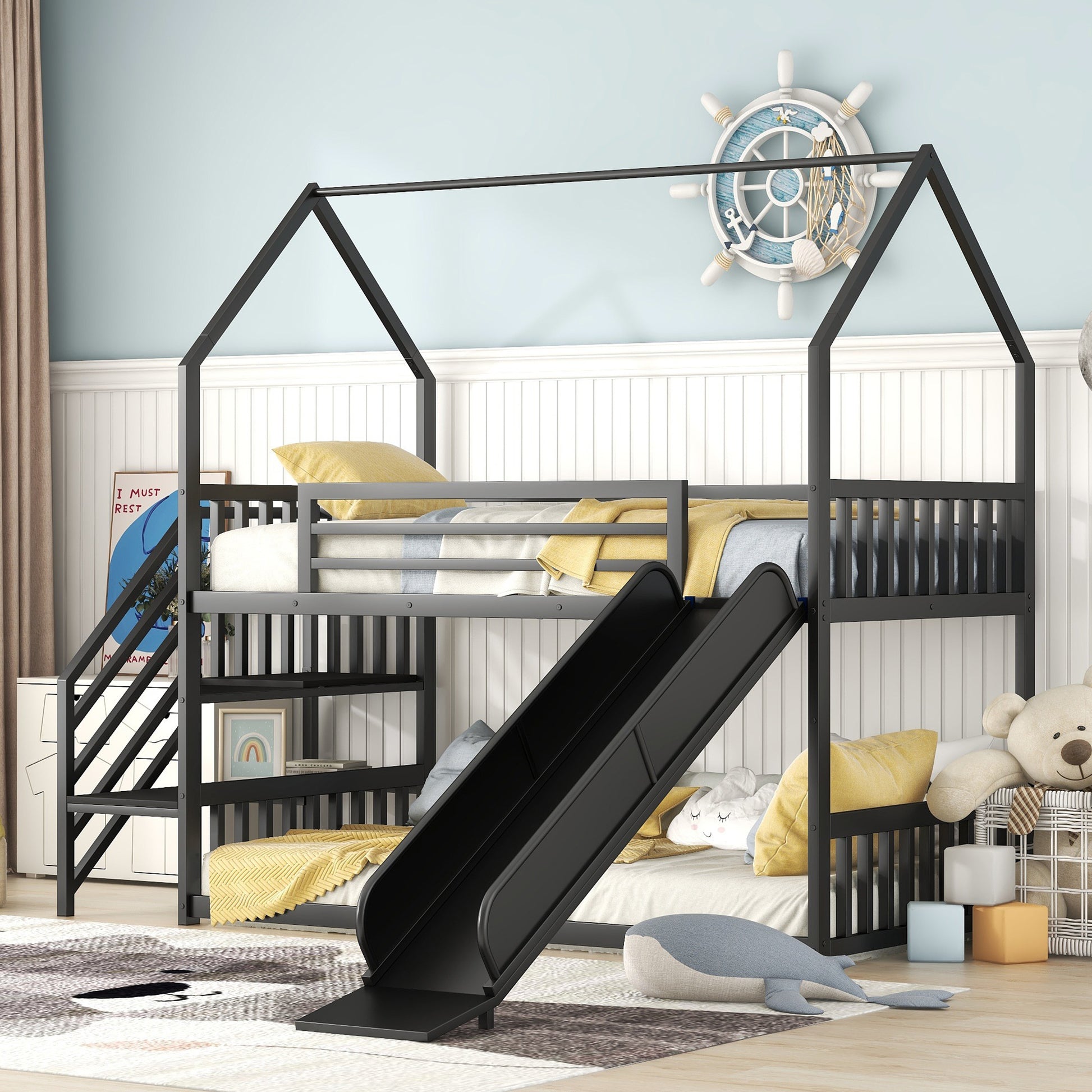 Twin Size Metal Bunk Bed House Bed With Slide And Staircase, Black Twin Black Metal & Wood