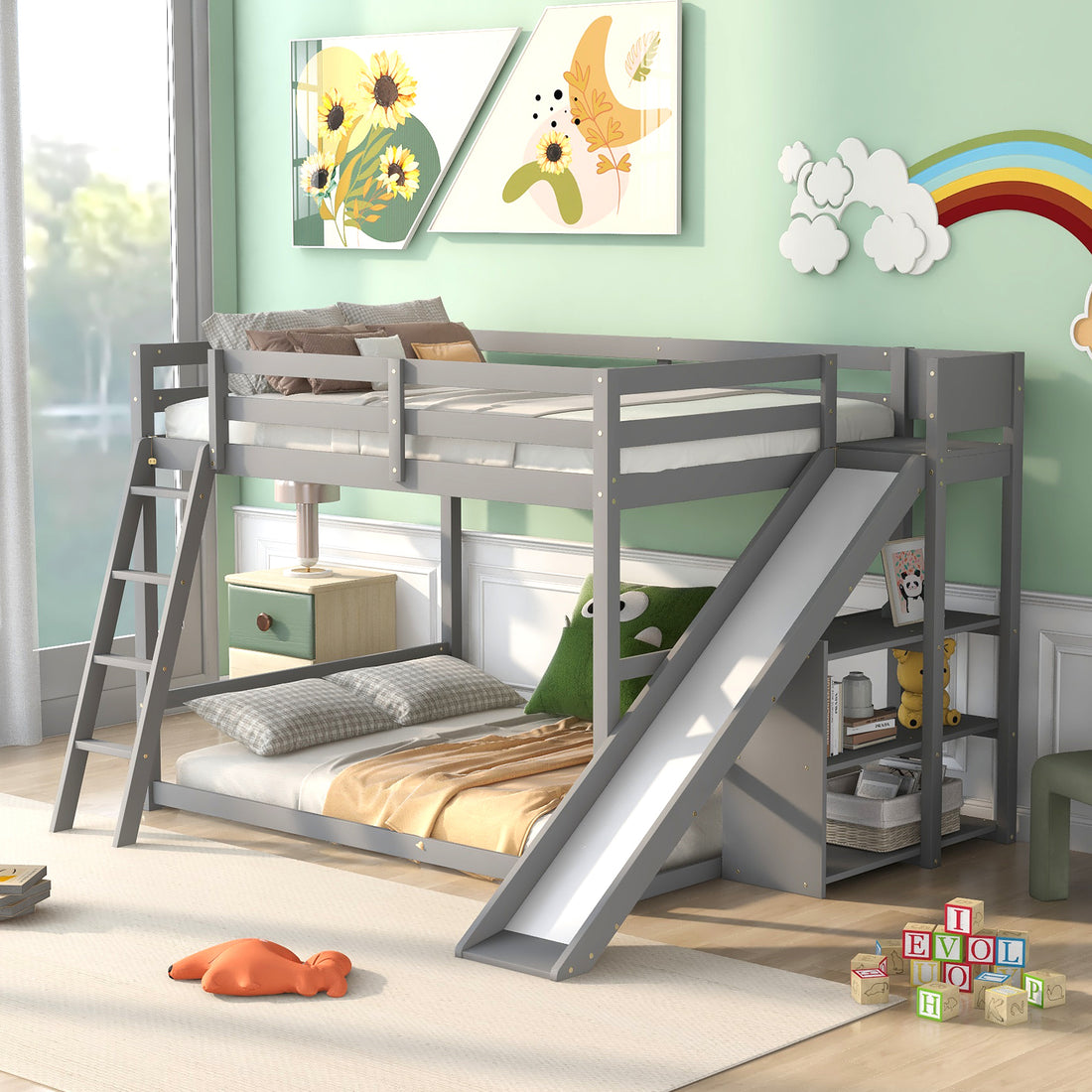 Full Over Full Bunk Bed With Ladder, Slide And Shelves, Gray Gray Pine