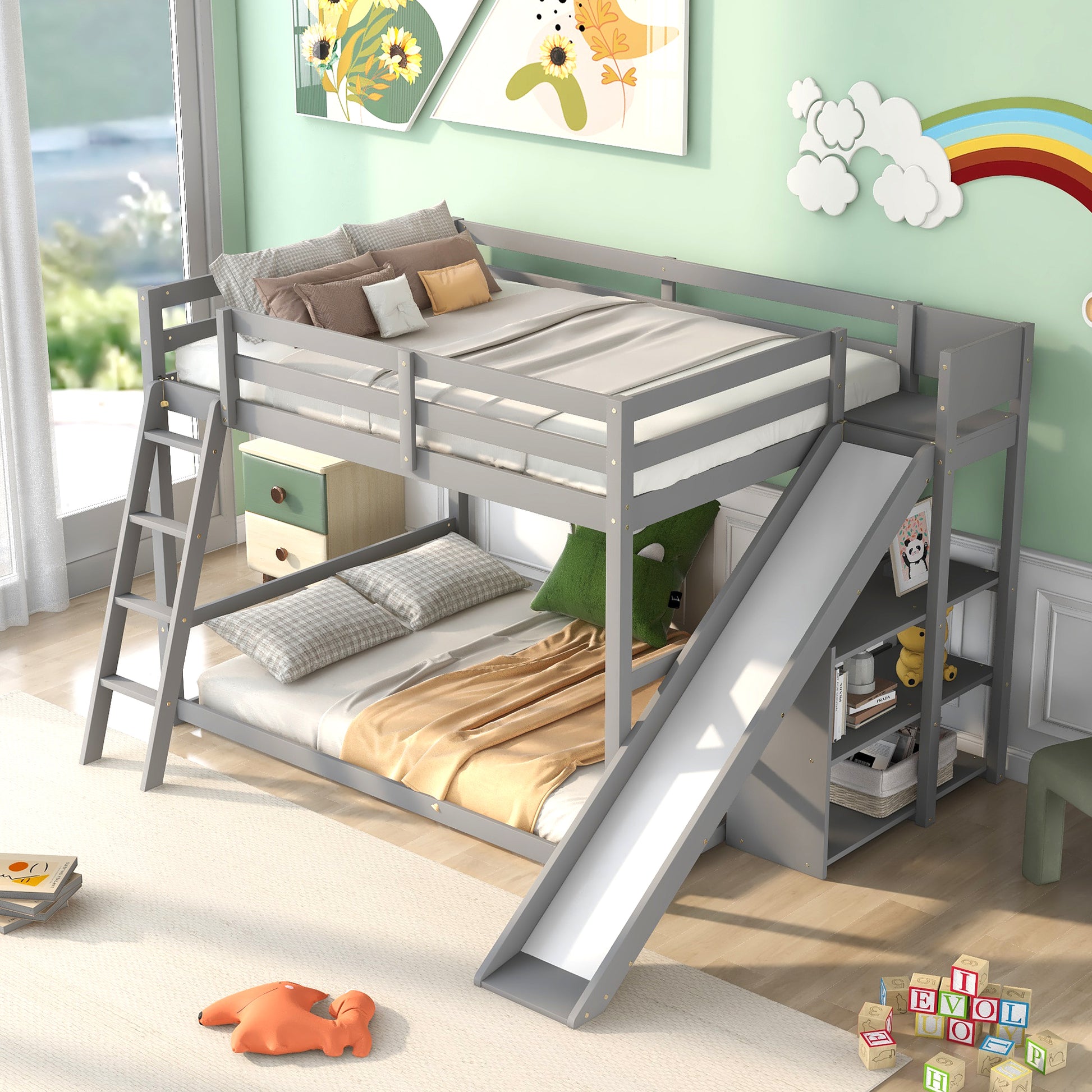 Full Over Full Bunk Bed With Ladder, Slide And Shelves, Gray Gray Pine