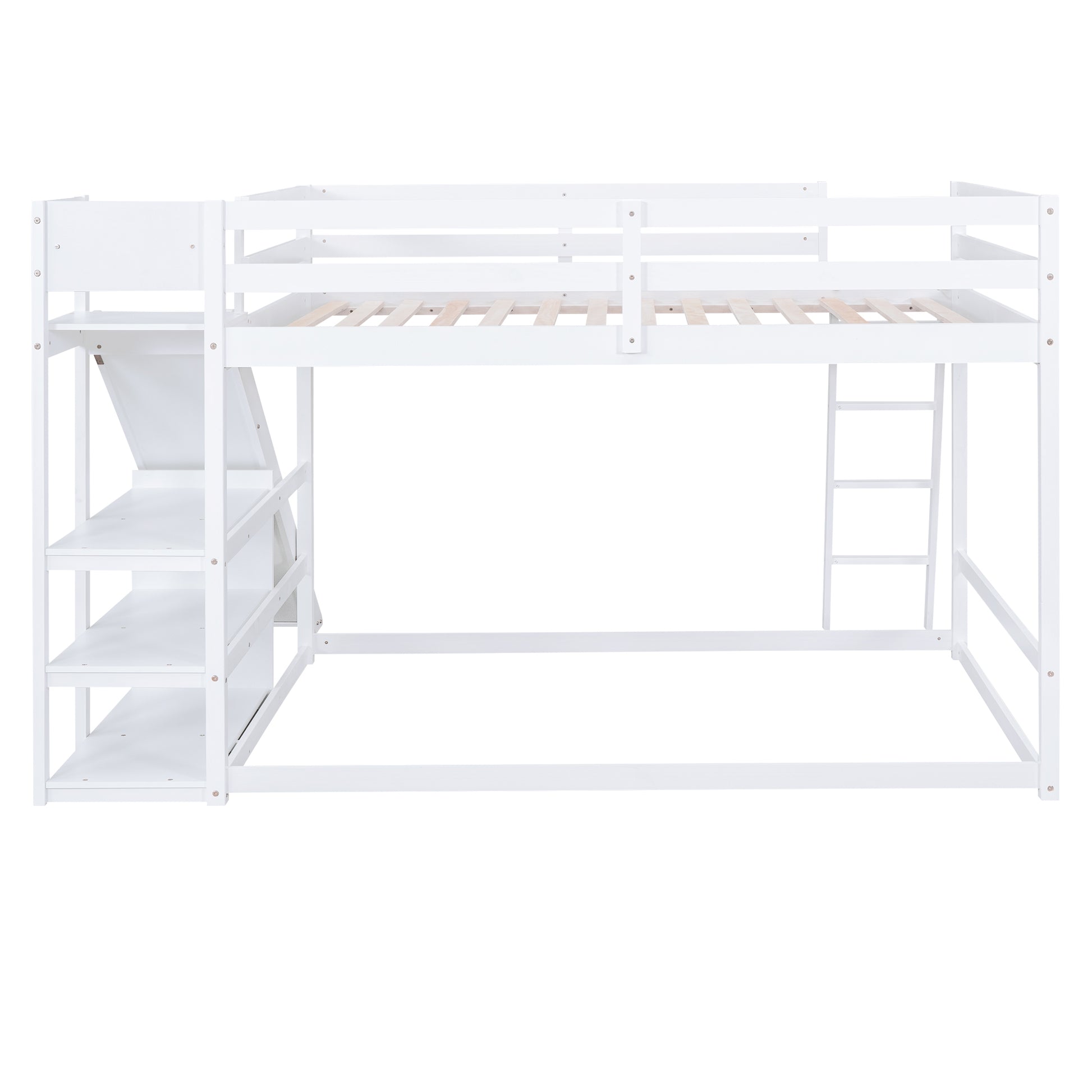 Full Over Full Bunk Bed With Ladder, Slide And Shelves, White White Pine