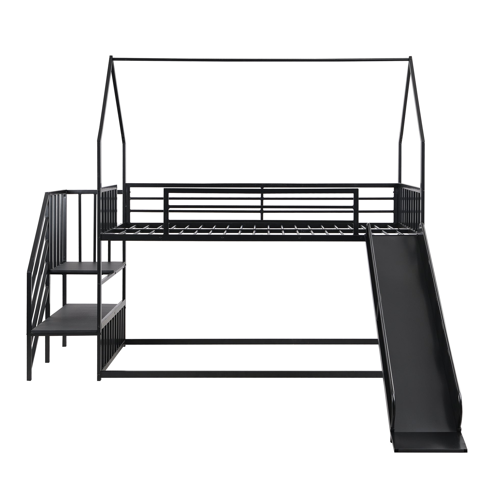 Twin Size Metal Bunk Bed House Bed With Slide And Staircase, Black Twin Black Metal & Wood