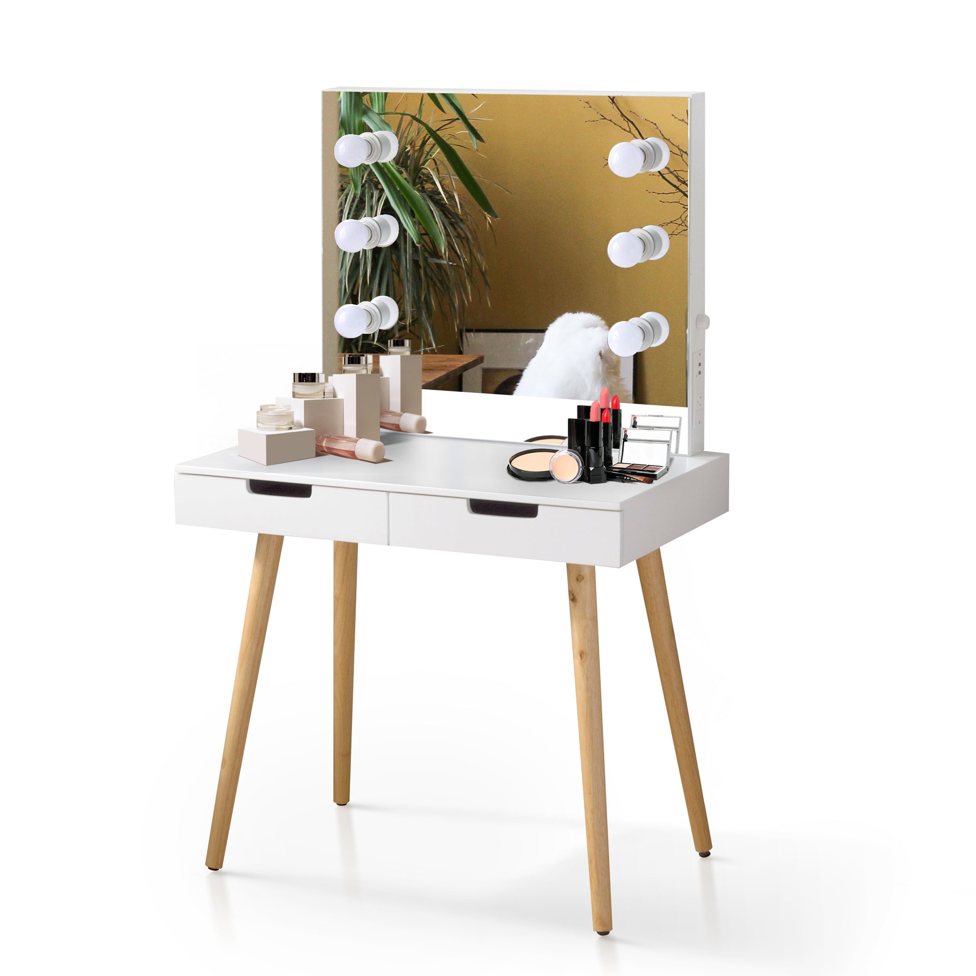 Wooden Vanity Table Makeup Dressing Desk With Led Light,Dressing Table With Usb Port,White White Solid Wood Mdf