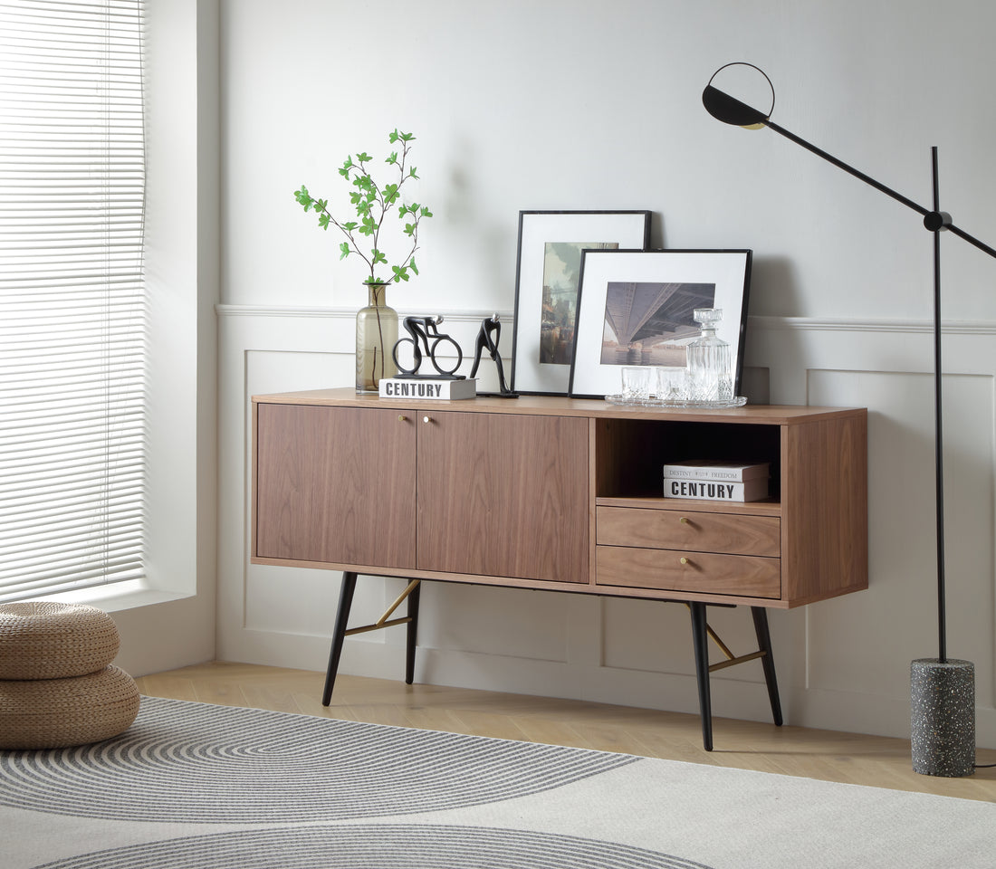 Modern Sideboardbuffet Cabinet, Storage Cabinet, Tv Stand With 2 Door And 2 Drawersanti Topple Design, And Large Countertop Walnut Wood Stainless Steel