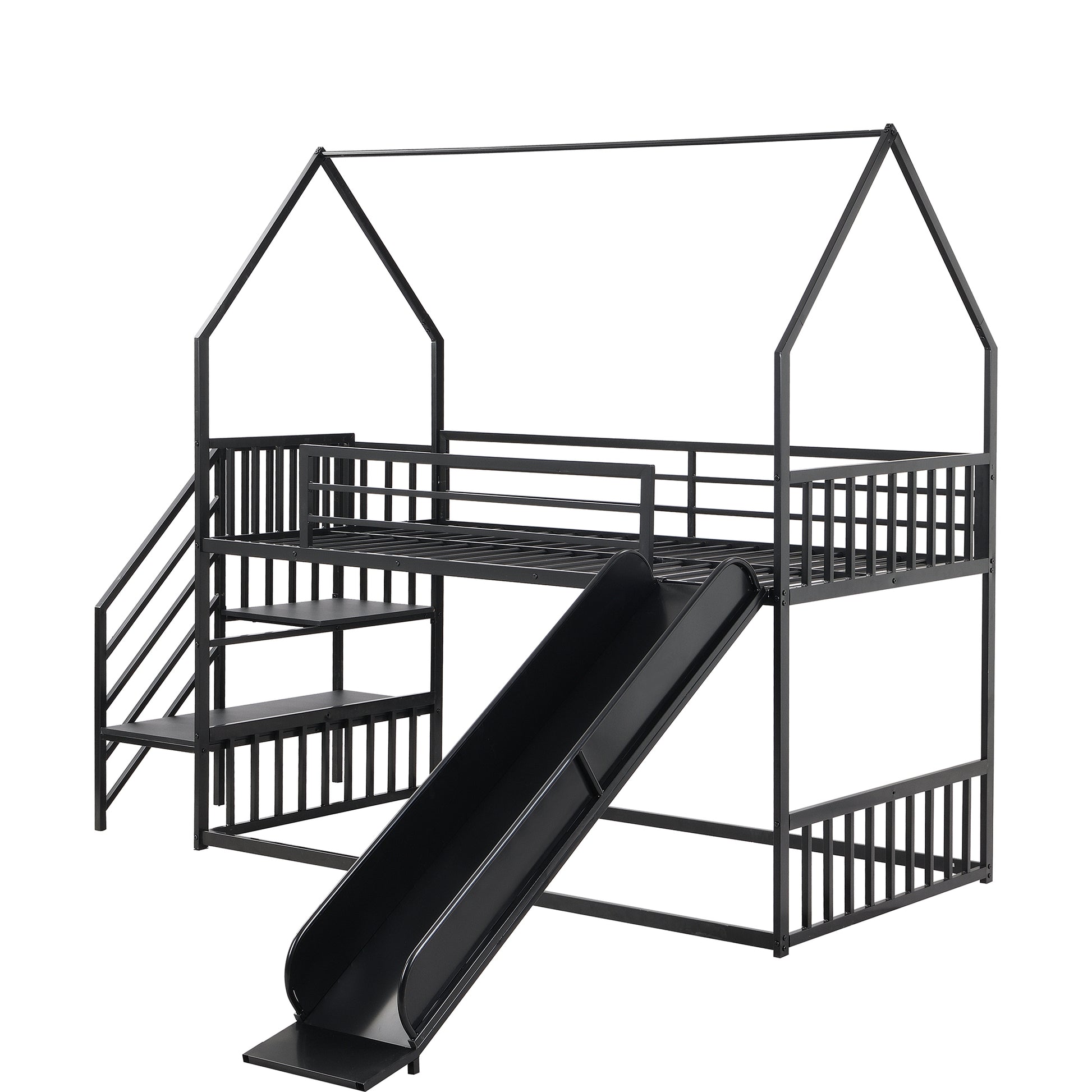 Twin Size Metal Bunk Bed House Bed With Slide And Staircase, Black Twin Black Metal & Wood