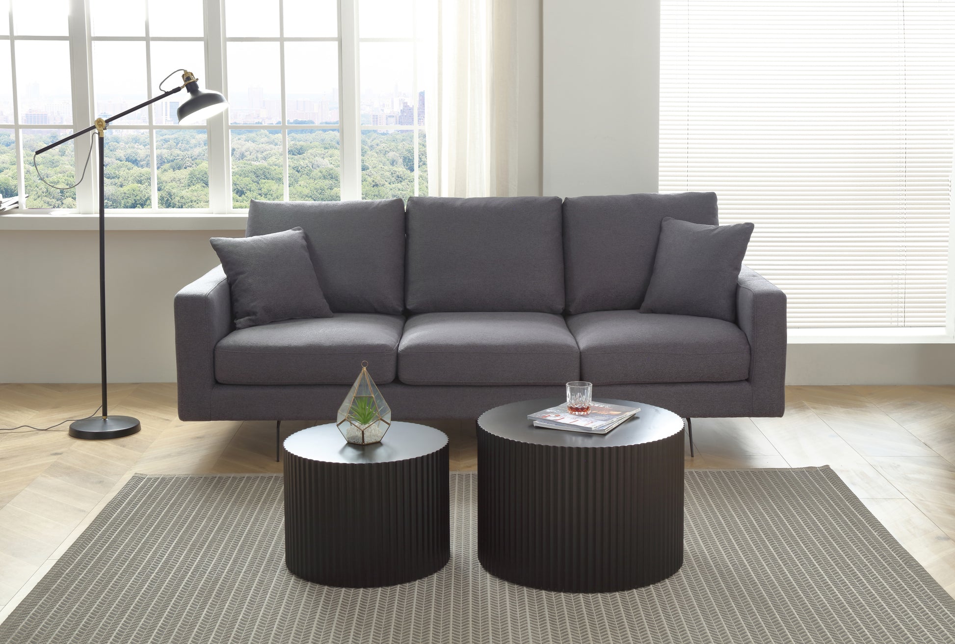 Modern Grey Three Seat Sofa With Thick Sponge And Two Pillows, 87.40Inch Dark Gray Fabric