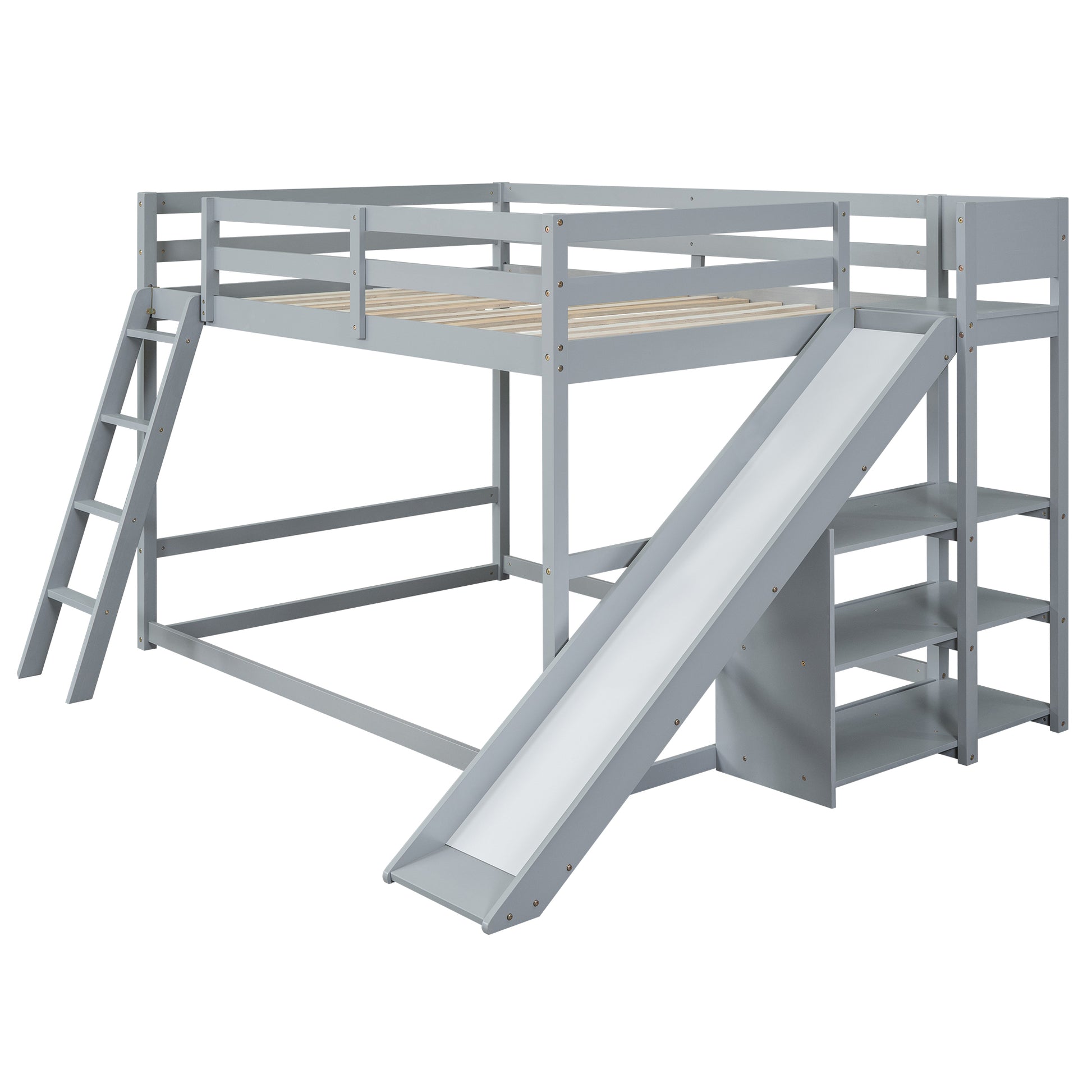 Full Over Full Bunk Bed With Ladder, Slide And Shelves, Gray Gray Pine