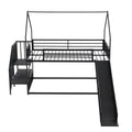 Twin Size Metal Bunk Bed House Bed With Slide And Staircase, Black Twin Black Metal & Wood