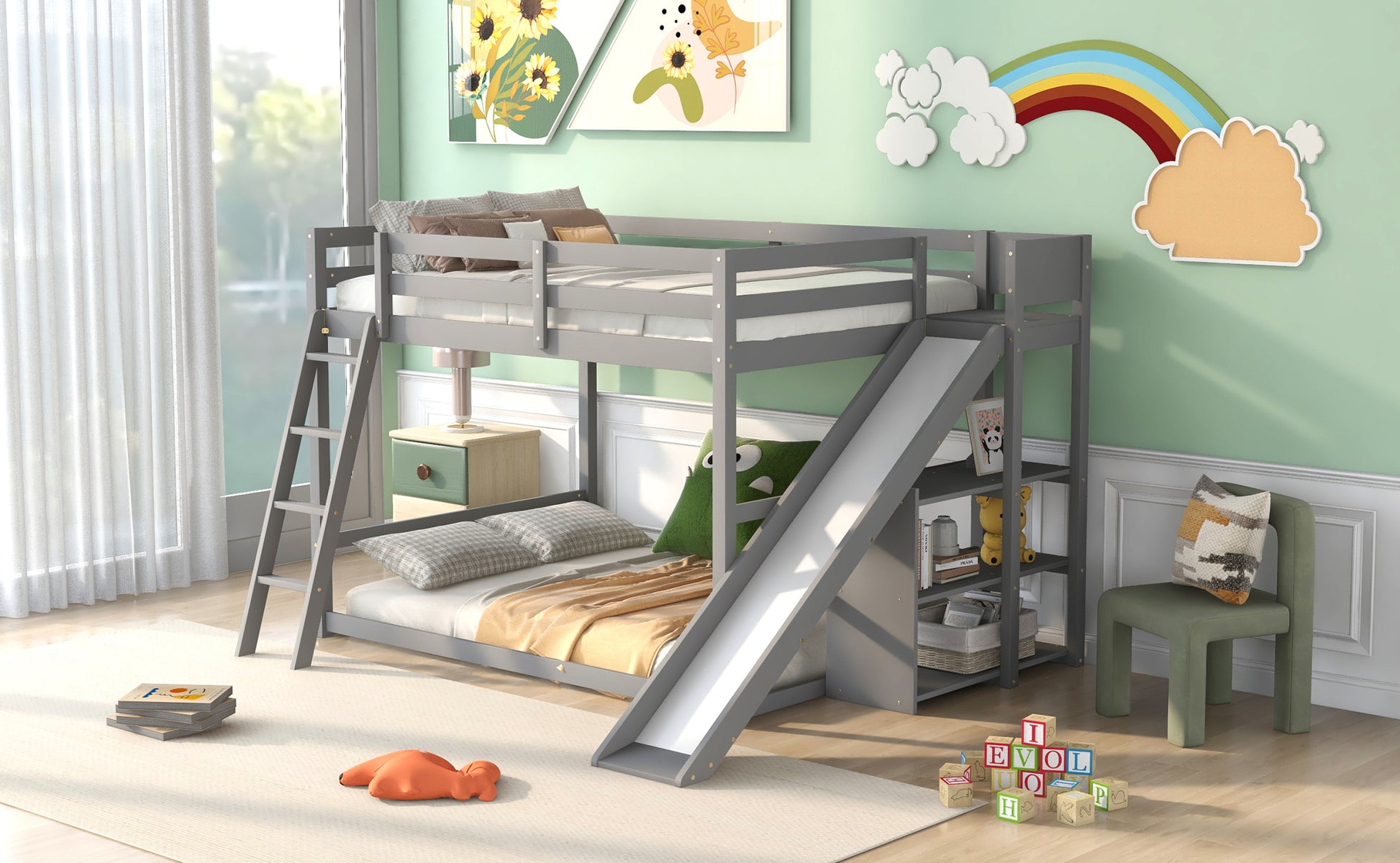 Full Over Full Bunk Bed With Ladder, Slide And Shelves, Gray Gray Pine