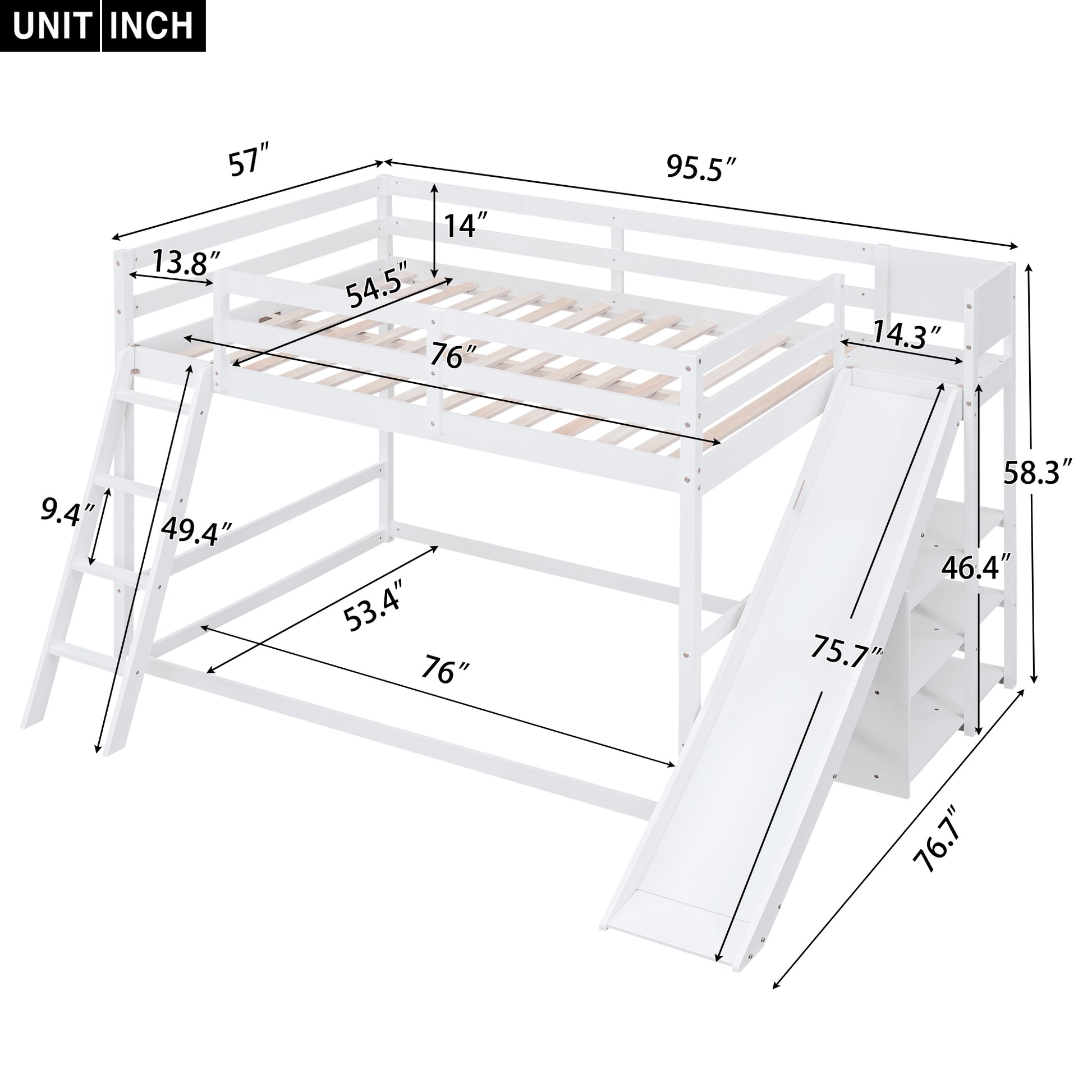 Full Over Full Bunk Bed With Ladder, Slide And Shelves, White White Pine