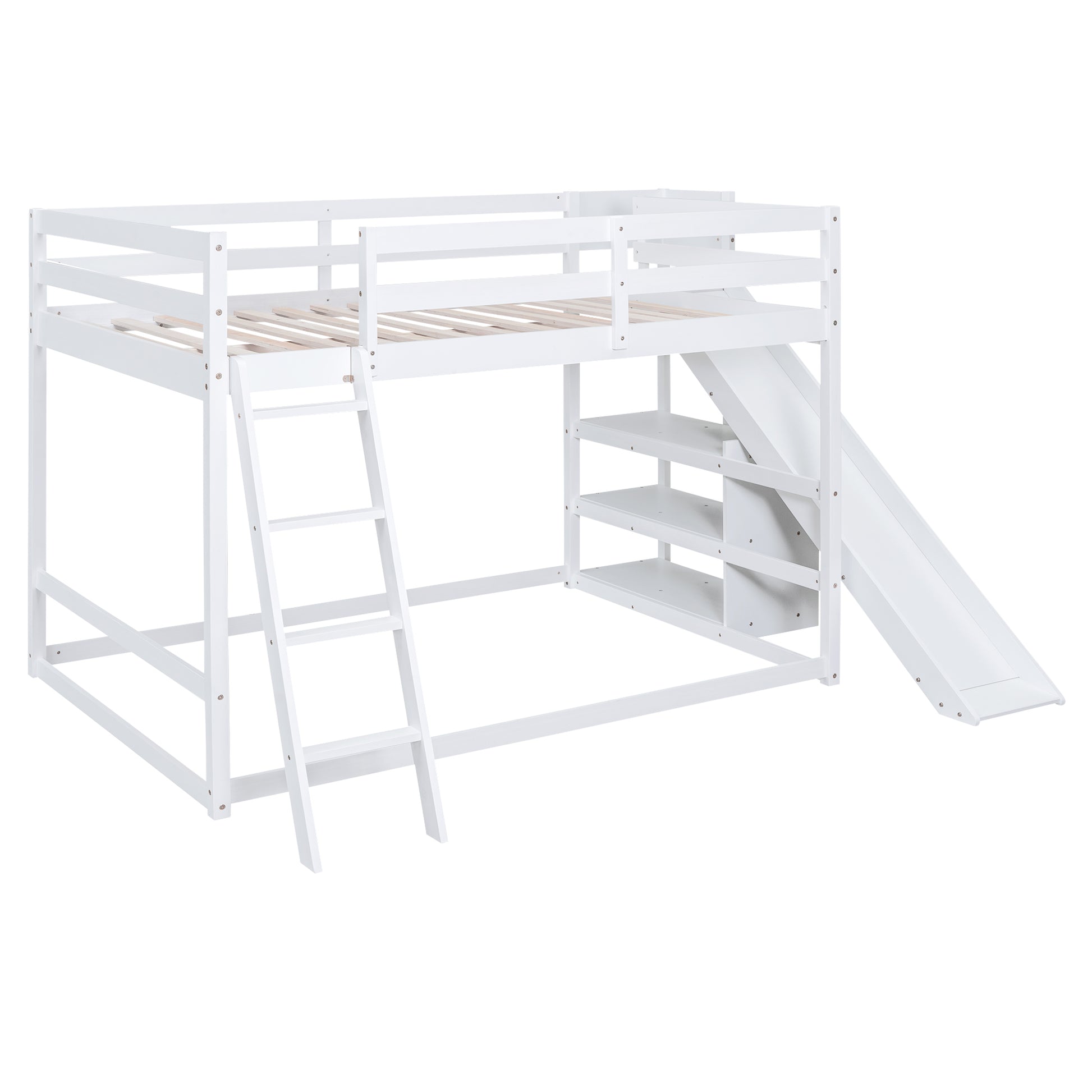 Full Over Full Bunk Bed With Ladder, Slide And Shelves, White White Pine