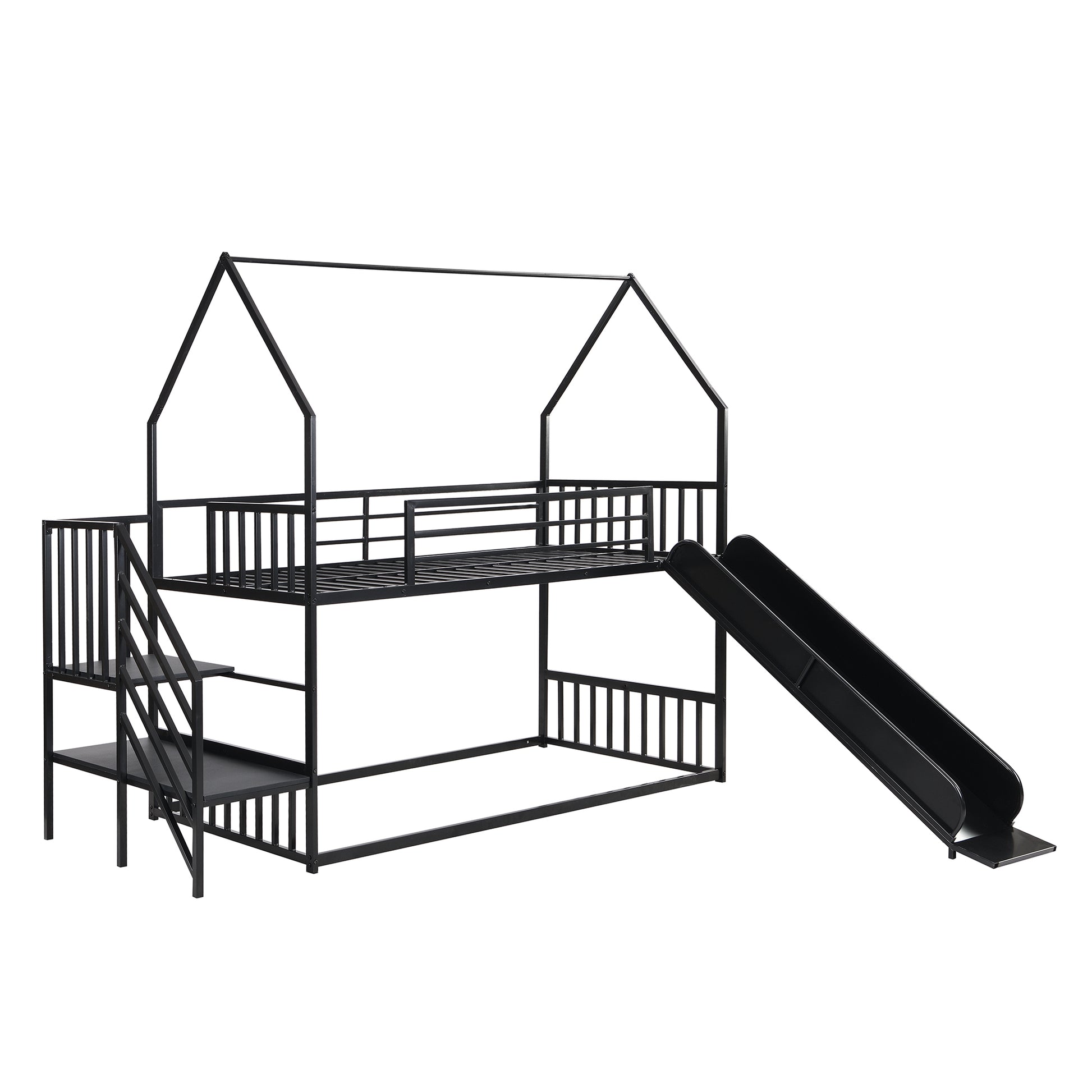 Twin Size Metal Bunk Bed House Bed With Slide And Staircase, Black Twin Black Metal & Wood