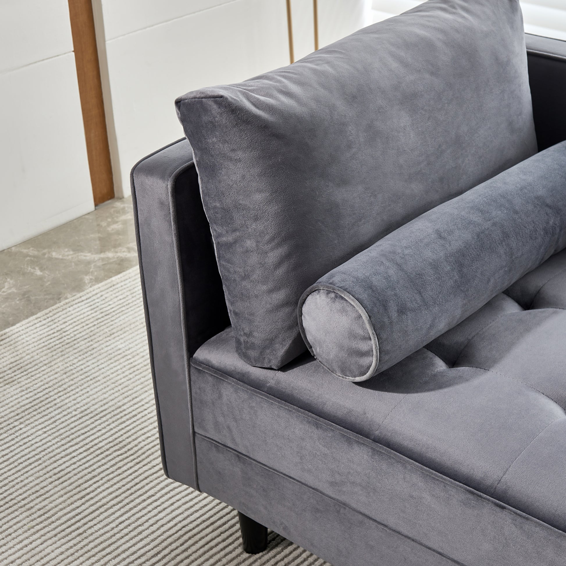 64" Velvet Chaise,Mid Century Modern Chaise Furniture,Sleeper For Living Room,Apartment,Tool Free Assembly. Gray Grey Foam Velvet