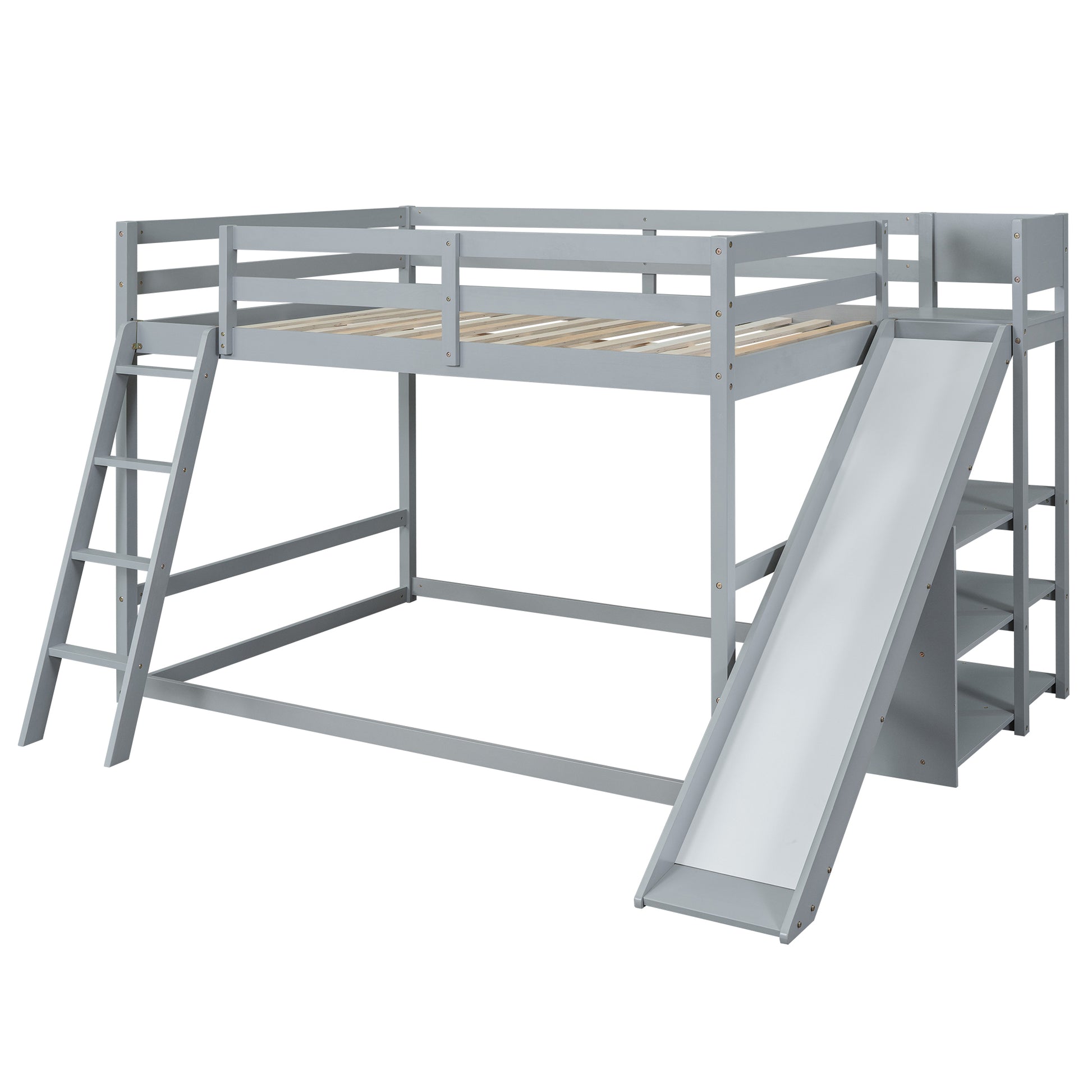 Full Over Full Bunk Bed With Ladder, Slide And Shelves, Gray Gray Pine