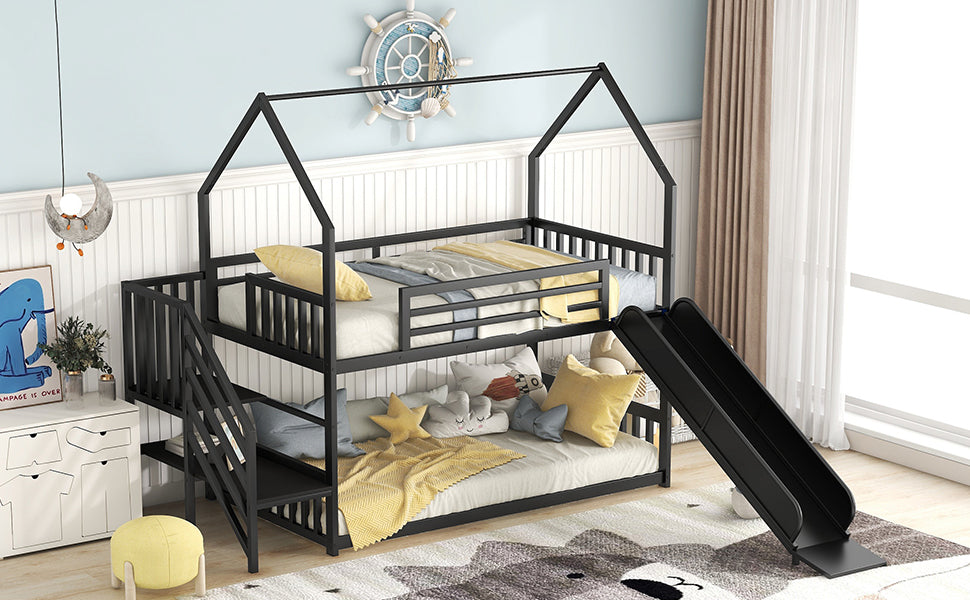 Twin Size Metal Bunk Bed House Bed With Slide And Staircase, Black Twin Black Metal & Wood