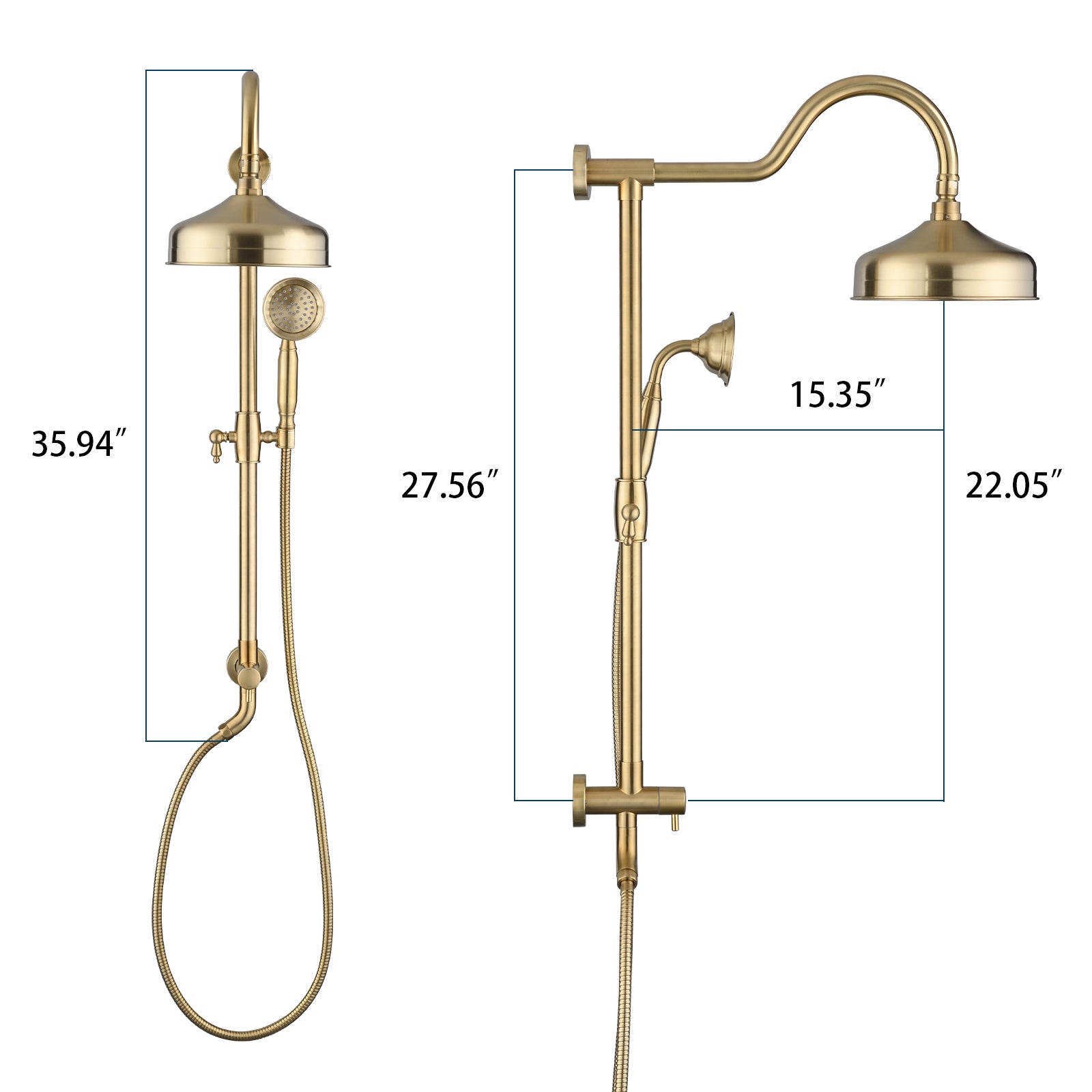 Shower Head With Handheld Shower System With 8" Rainfall Shower Head, Dual Shower Combo Brushed Gold Brass