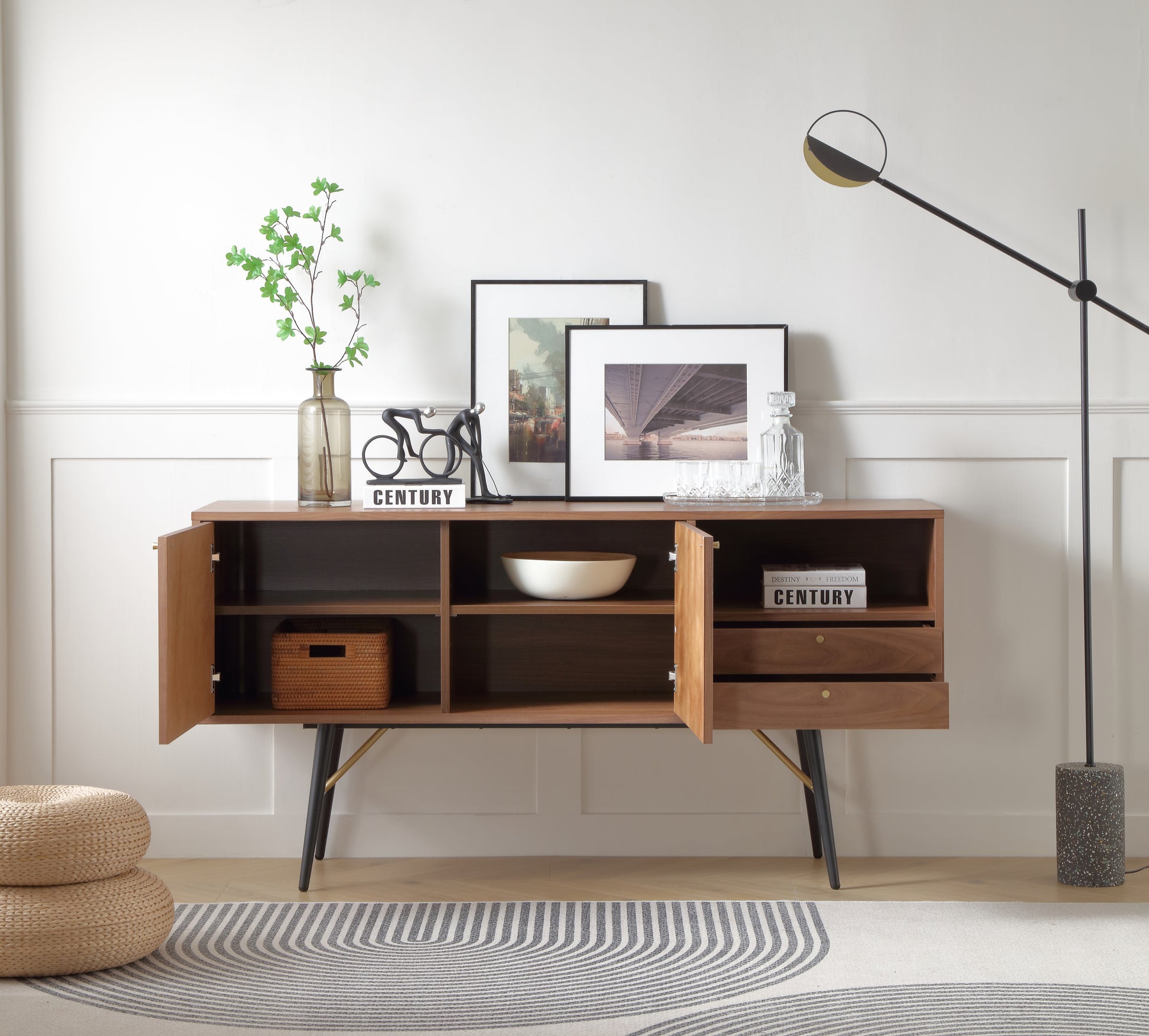 Modern Sideboardbuffet Cabinet, Storage Cabinet, Tv Stand With 2 Door And 2 Drawersanti Topple Design, And Large Countertop Walnut Wood Stainless Steel