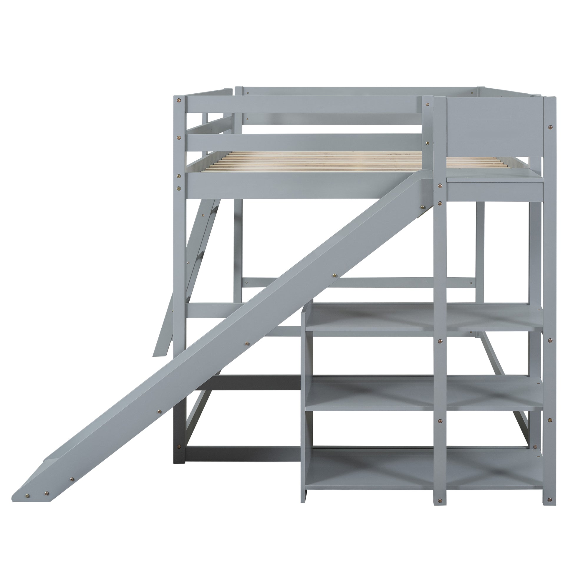 Full Over Full Bunk Bed With Ladder, Slide And Shelves, Gray Gray Pine