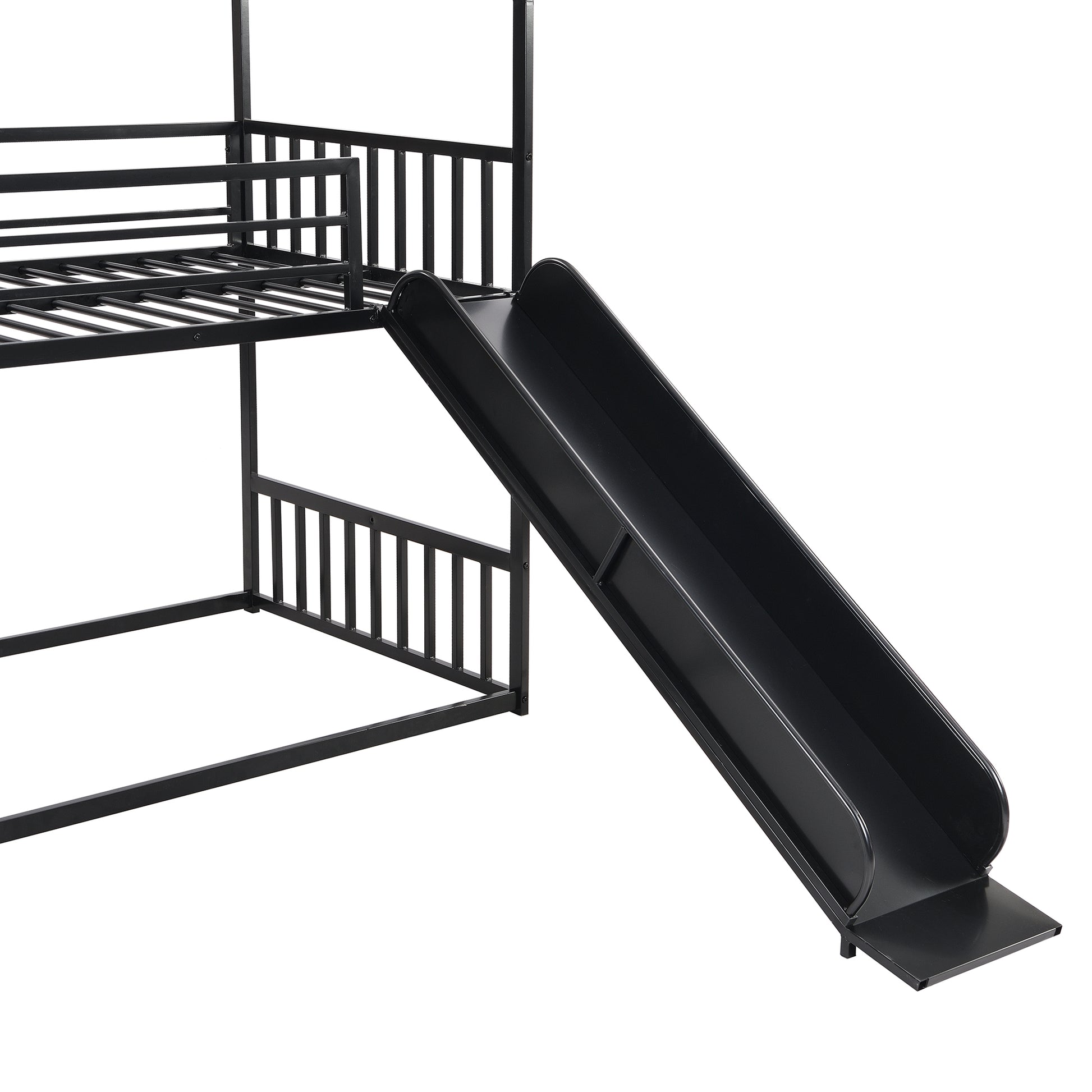 Twin Size Metal Bunk Bed House Bed With Slide And Staircase, Black Twin Black Metal & Wood