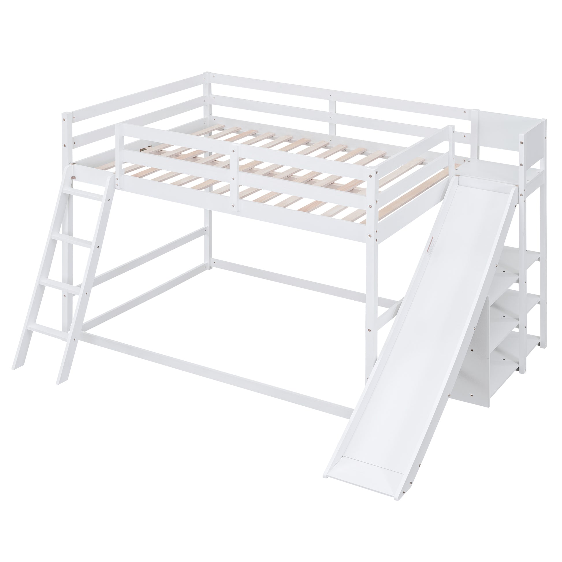 Full Over Full Bunk Bed With Ladder, Slide And Shelves, White White Pine