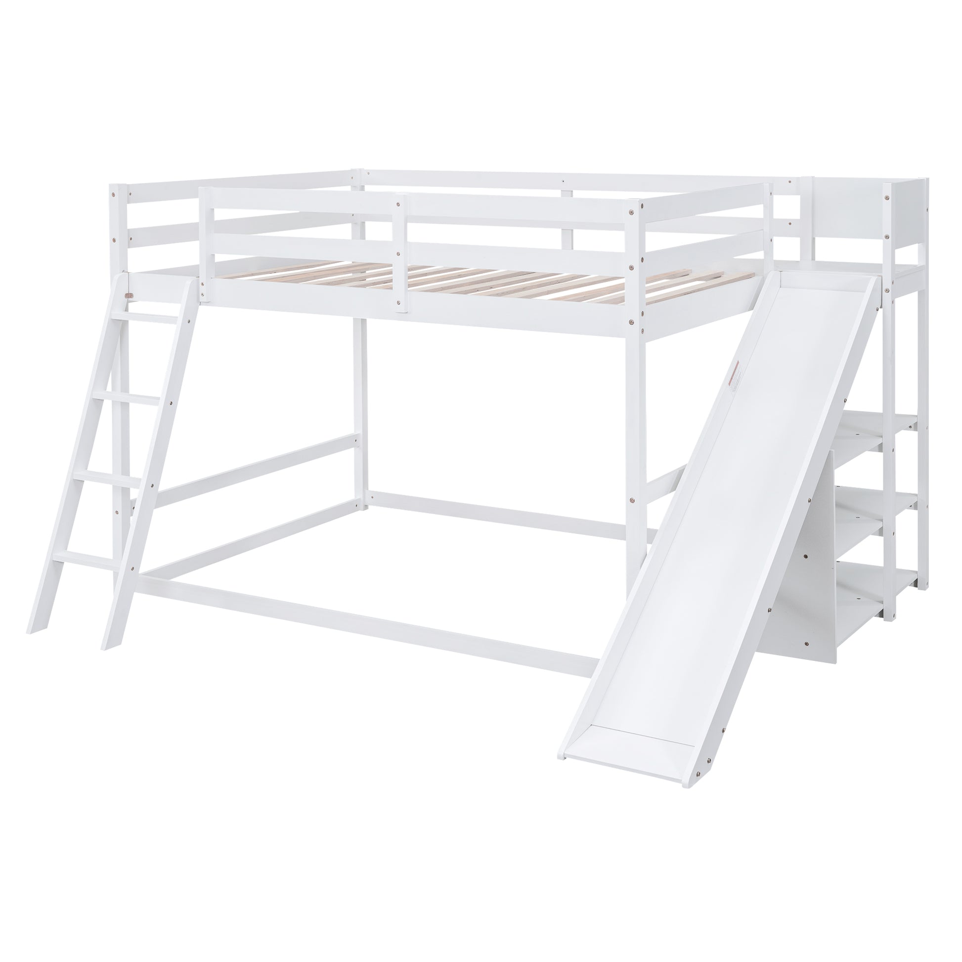 Full Over Full Bunk Bed With Ladder, Slide And Shelves, White White Pine