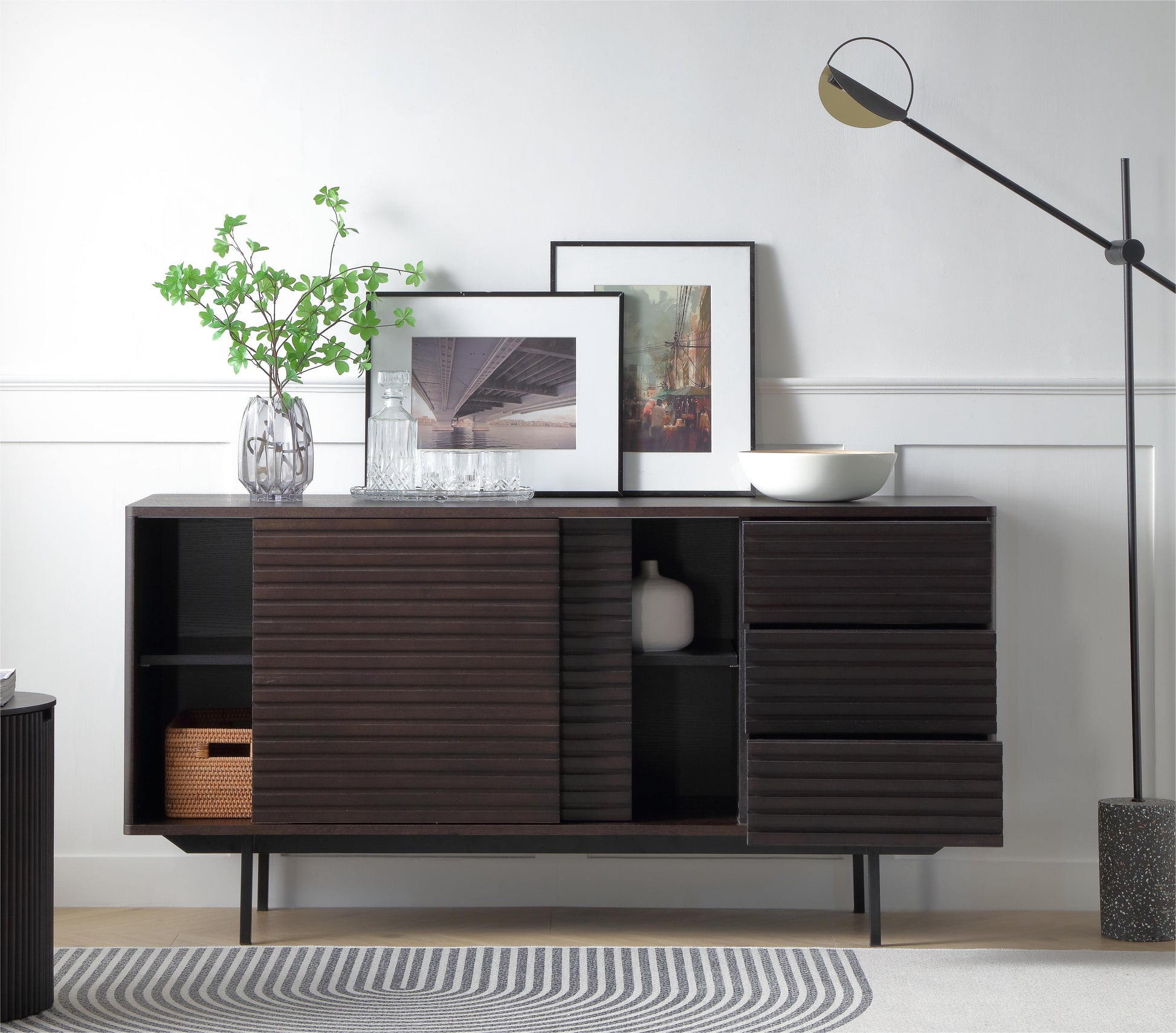 Combo Mid Century Sideboard Buffet Table Or Tv Stand With Storage For Living Room Kitchen Walnut Wood Stainless Steel