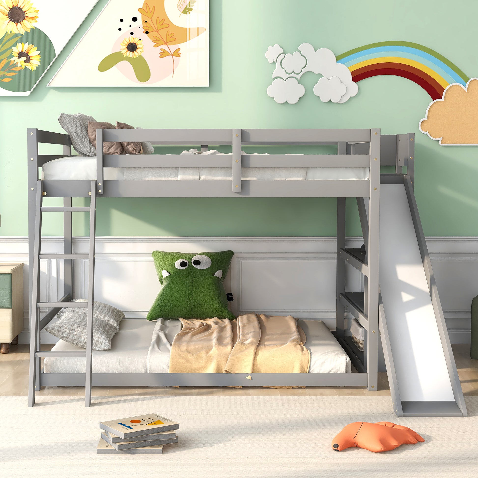 Full Over Full Bunk Bed With Ladder, Slide And Shelves, Gray Gray Pine