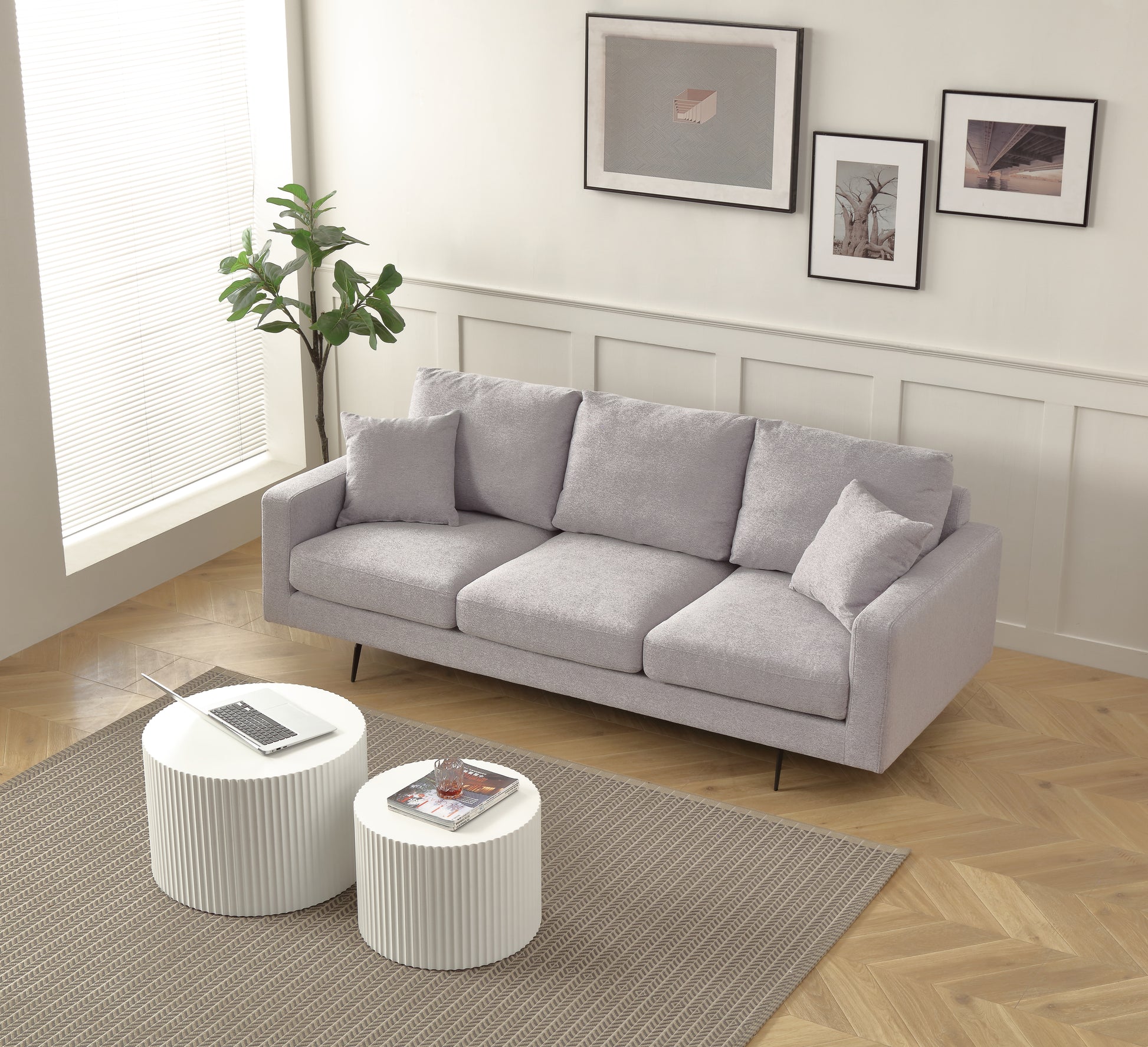 Modern Three Seat Sofa Couch With 2 Pillows, Light Grey Perfect For Every Occasion Light Grey Fabric