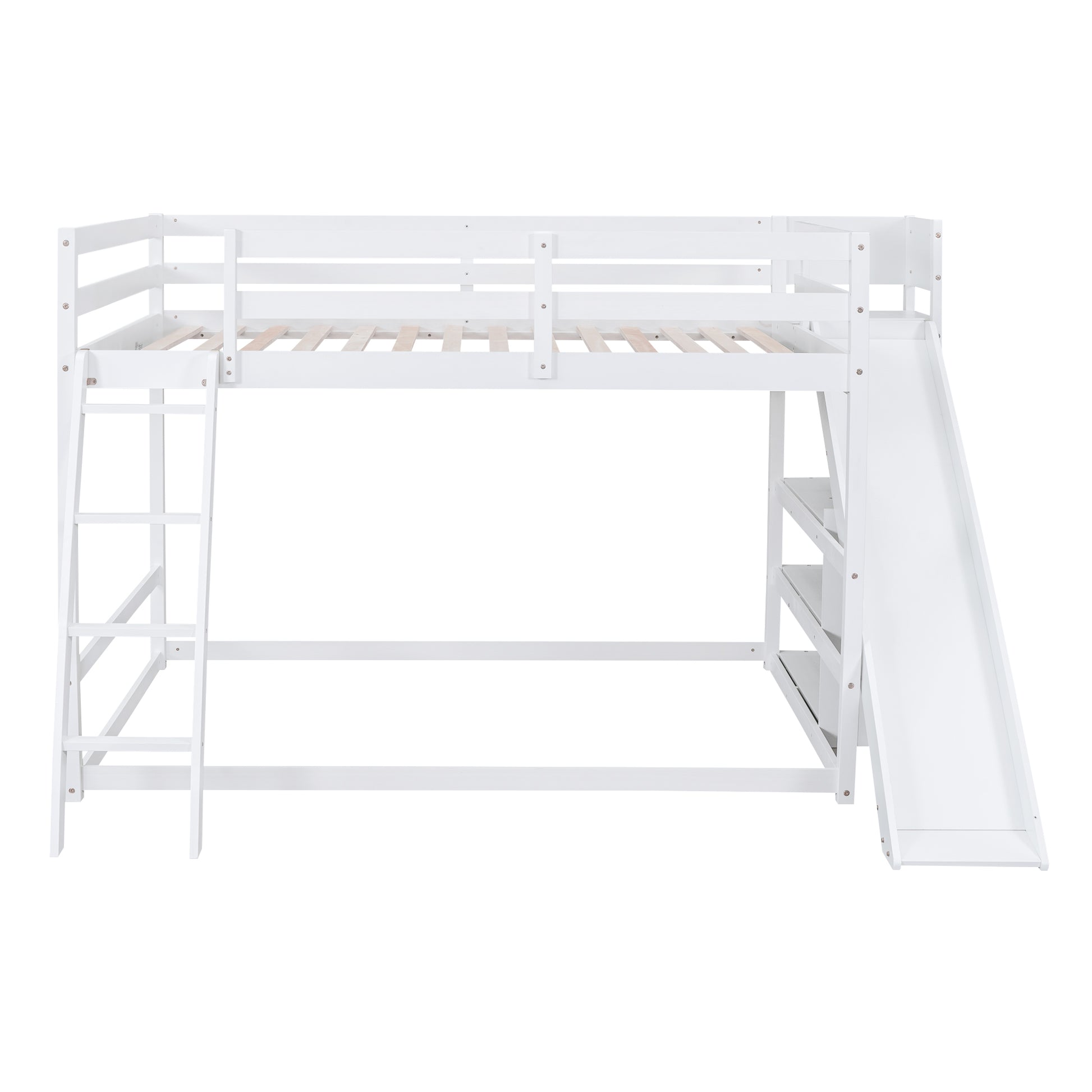 Full Over Full Bunk Bed With Ladder, Slide And Shelves, White White Pine