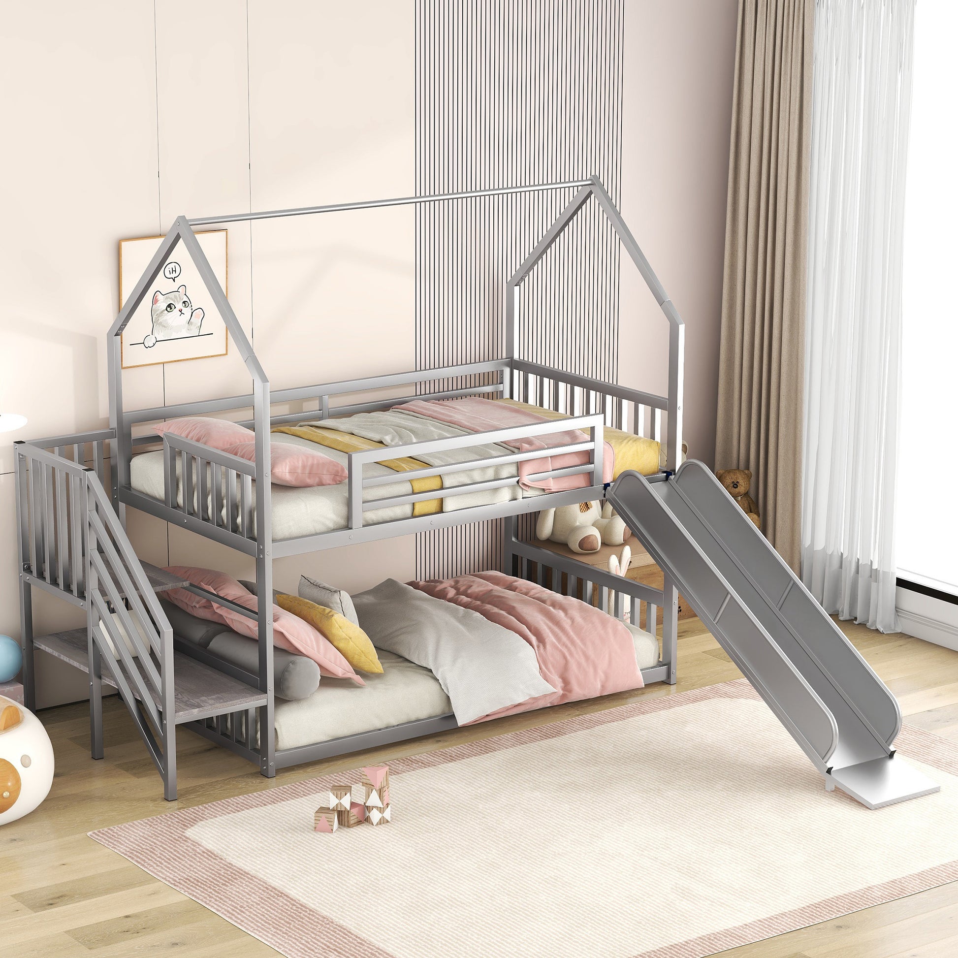 Twin Over Twin Metal Bunk Bed House Bed With Slide And Staircase, Silver Twin Silver Metal & Wood