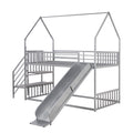 Twin Over Twin Metal Bunk Bed House Bed With Slide And Staircase, Silver Twin Silver Metal & Wood