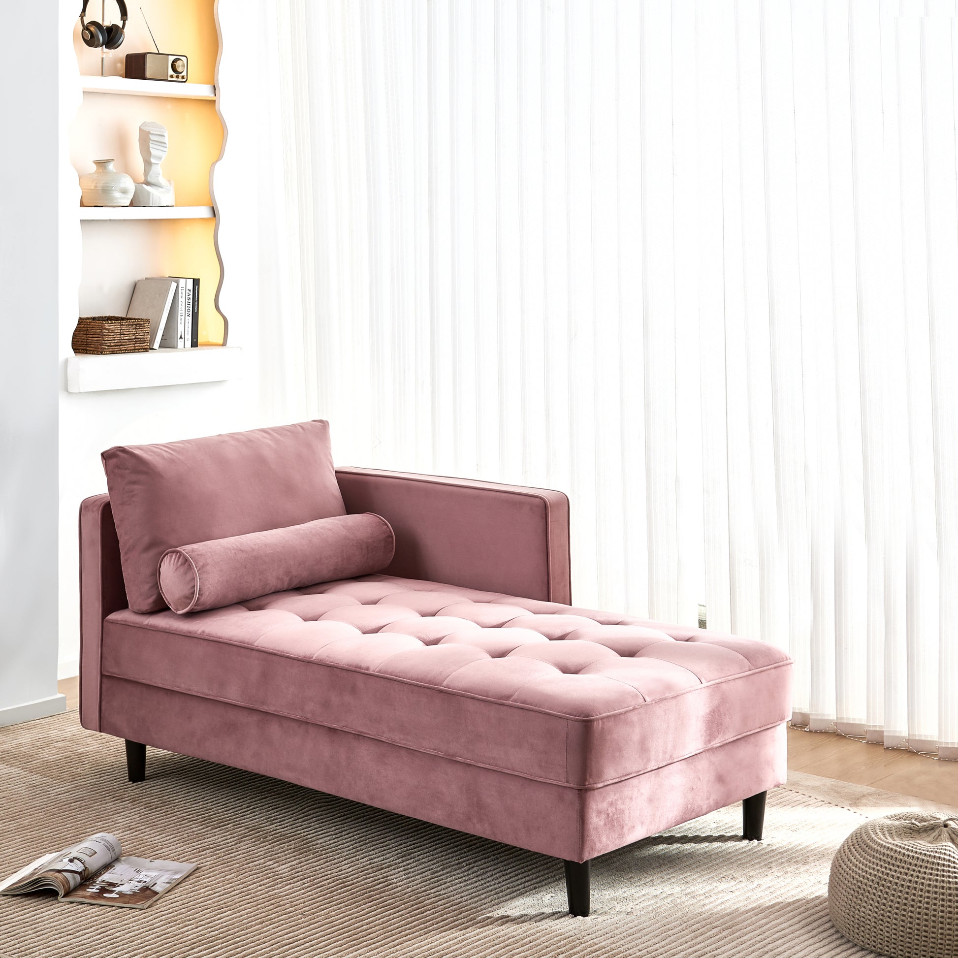 64" Velvet Chaise,Mid Century Modern Chaise Furniture,Sleeper For Living Room,Apartment,Tool Free Assembly. Pink Pink Foam Velvet