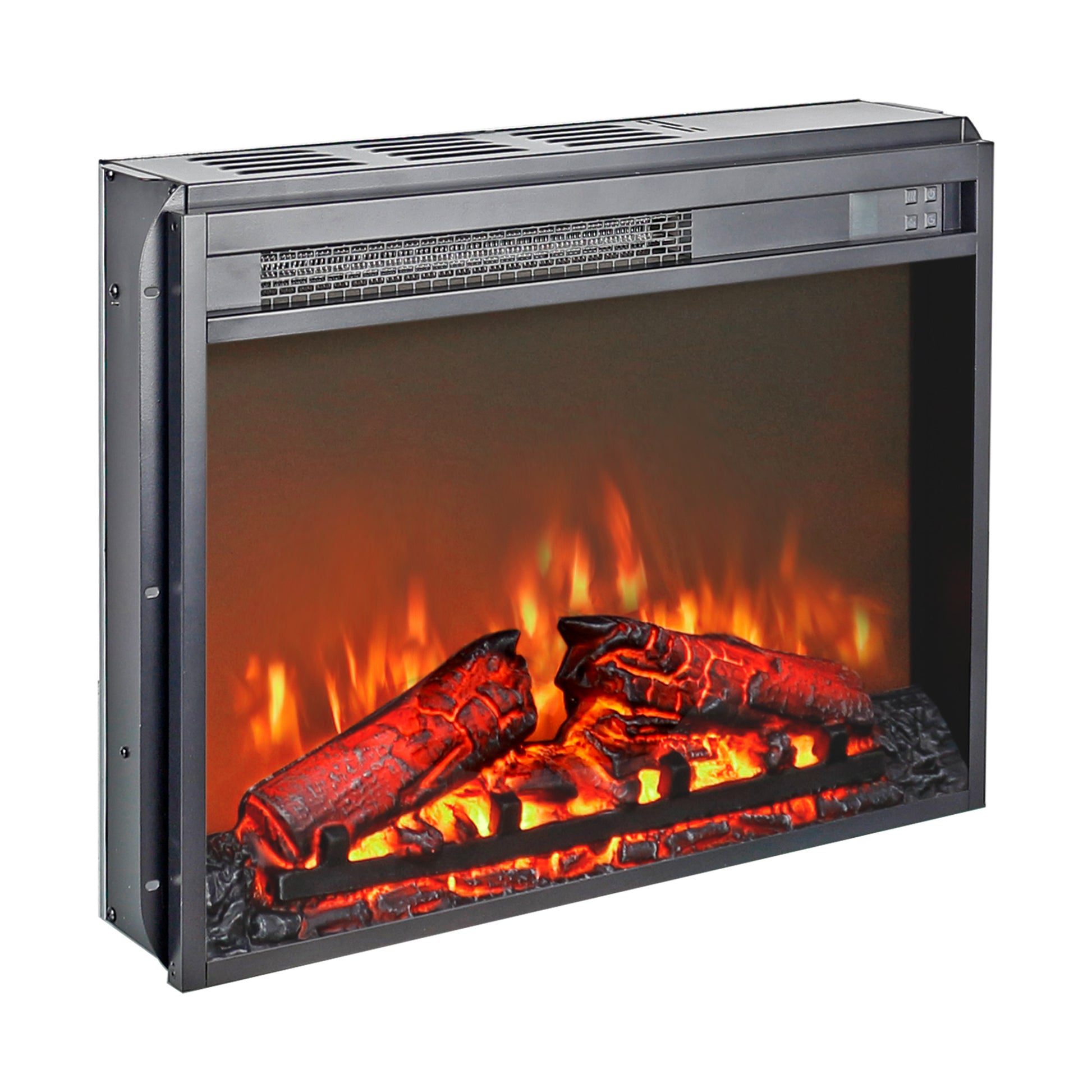23 Inch Electric Fireplace Insert, Ultra Thin Heater With Log Set & Realistic Flame, Remote Control With Timer, Overheating Protection Antique Black Tempered Glass Sheet Metal Plastic