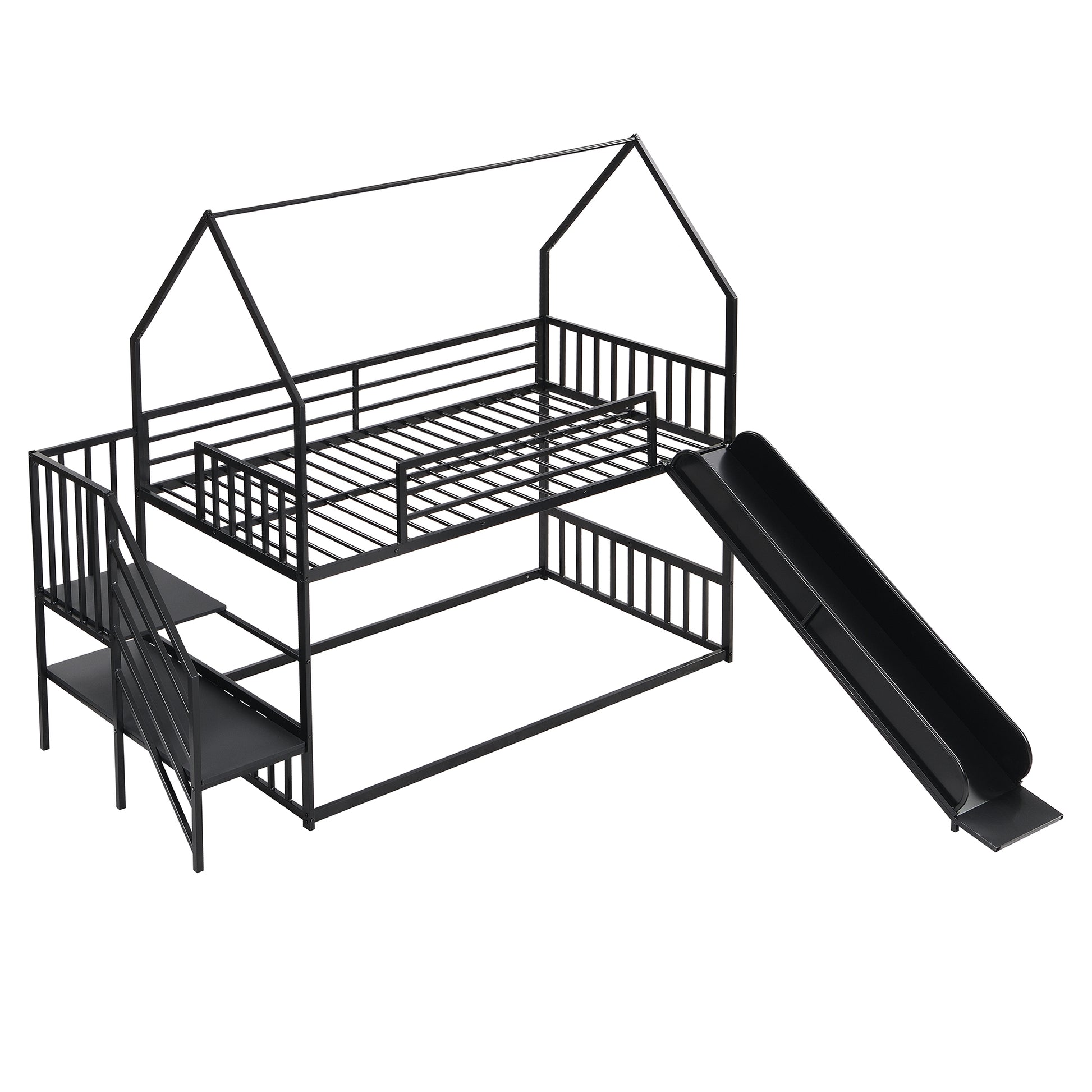 Twin Size Metal Bunk Bed House Bed With Slide And Staircase, Black Twin Black Metal & Wood