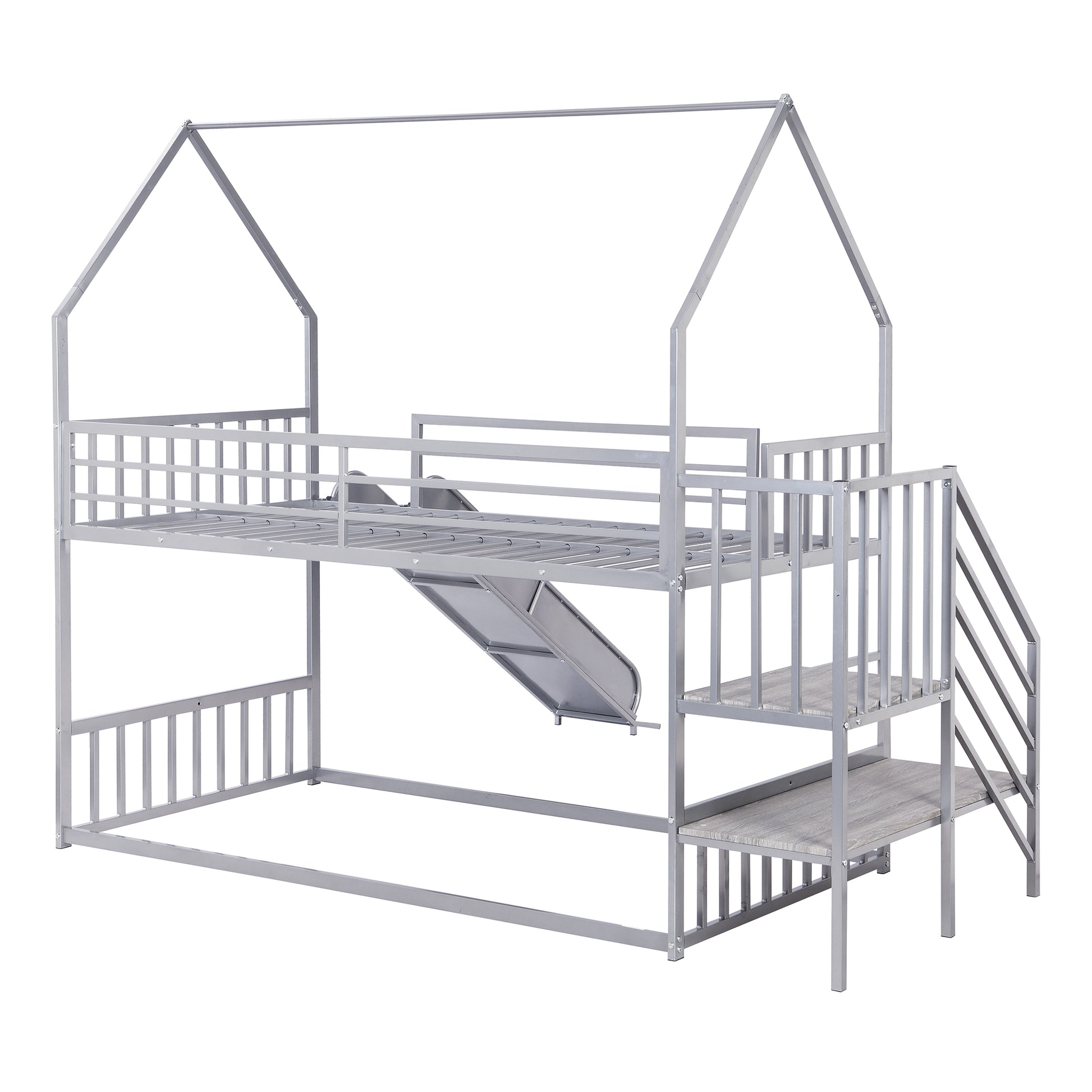 Twin Over Twin Metal Bunk Bed House Bed With Slide And Staircase, Silver Twin Silver Metal & Wood