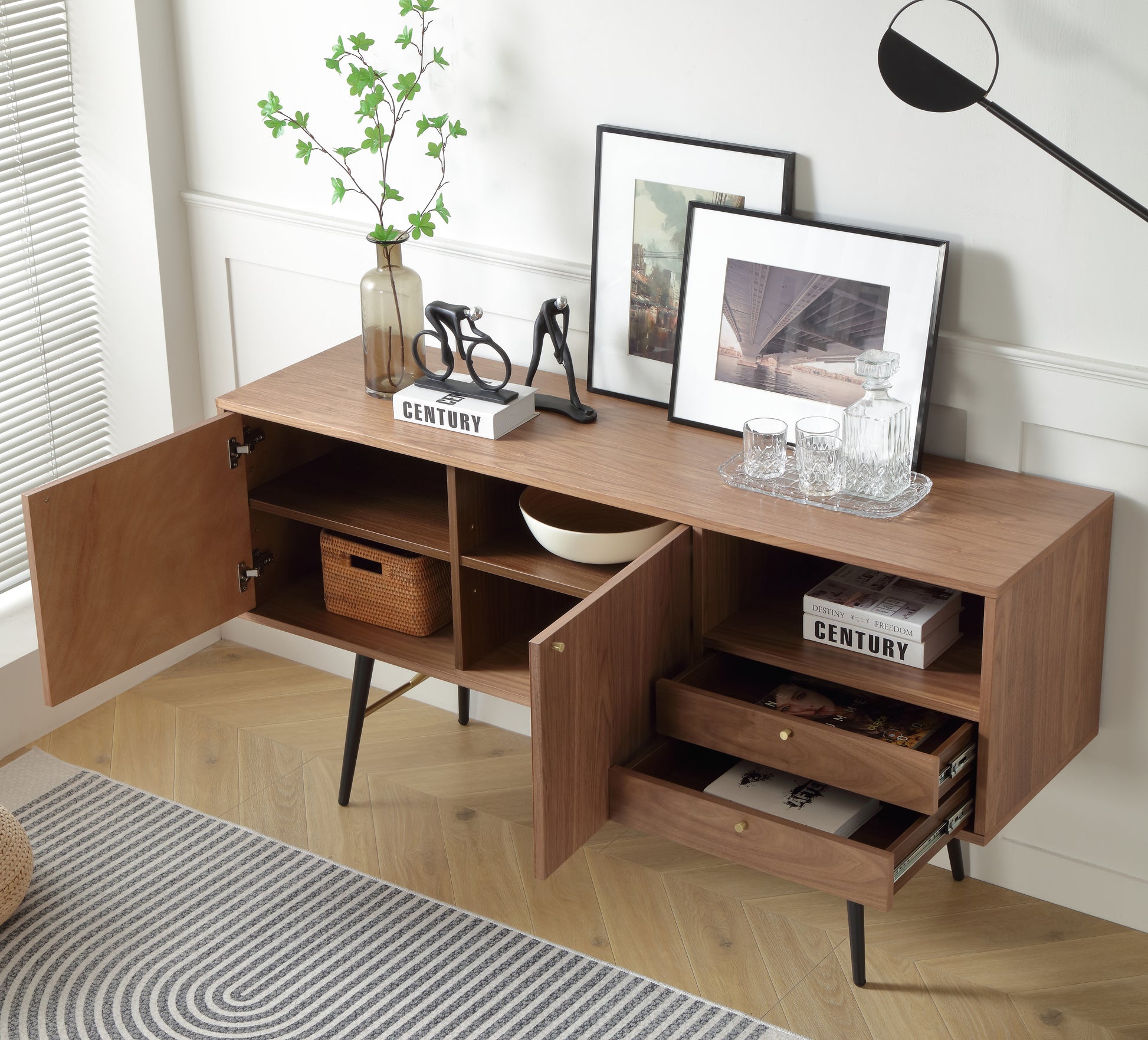 Modern Sideboardbuffet Cabinet, Storage Cabinet, Tv Stand With 2 Door And 2 Drawersanti Topple Design, And Large Countertop Walnut Wood Stainless Steel