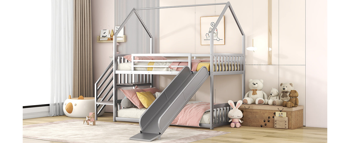 Twin Over Twin Metal Bunk Bed House Bed With Slide And Staircase, Silver Twin Silver Metal & Wood