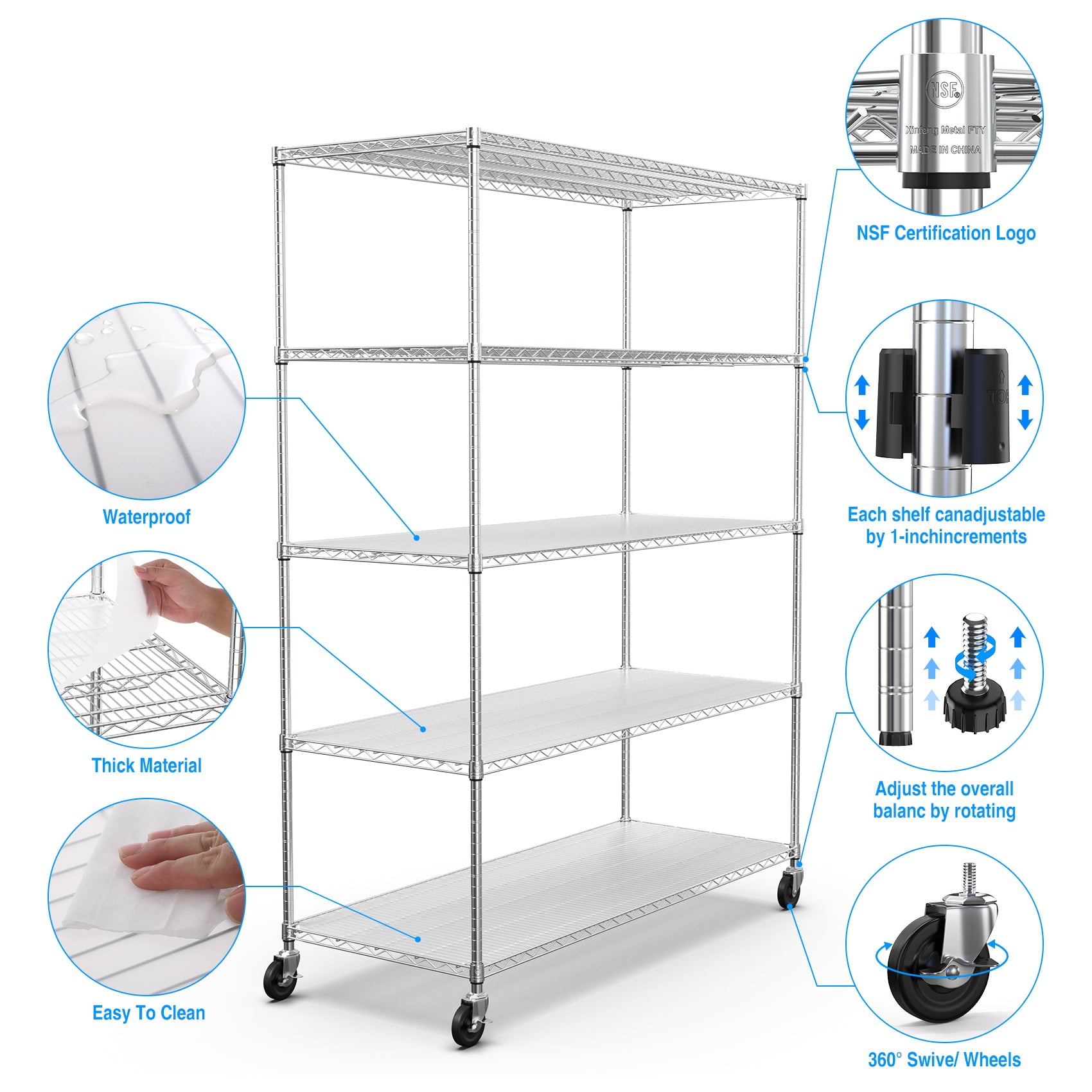 5 Tier 7500Lbs Heavy Duty Adjustable Storage Rack Metal Shelf Wire Shelving Unit With Wheels & Shelf Liners 82" H X 60" L X 24" D Chrome Chrome Iron Plastic