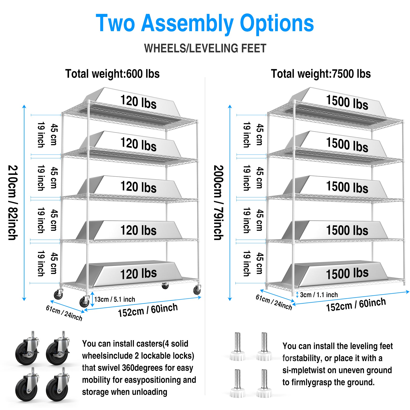 5 Tier 7500Lbs Heavy Duty Adjustable Storage Rack Metal Shelf Wire Shelving Unit With Wheels & Shelf Liners 82" H X 60" L X 24" D White Chrome Iron Plastic