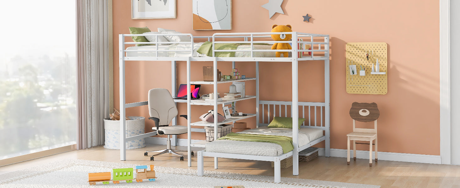 Full Over Twin Metal Bunk Bed With Built In Desk, Shelves And Ladder, White White Metal & Wood